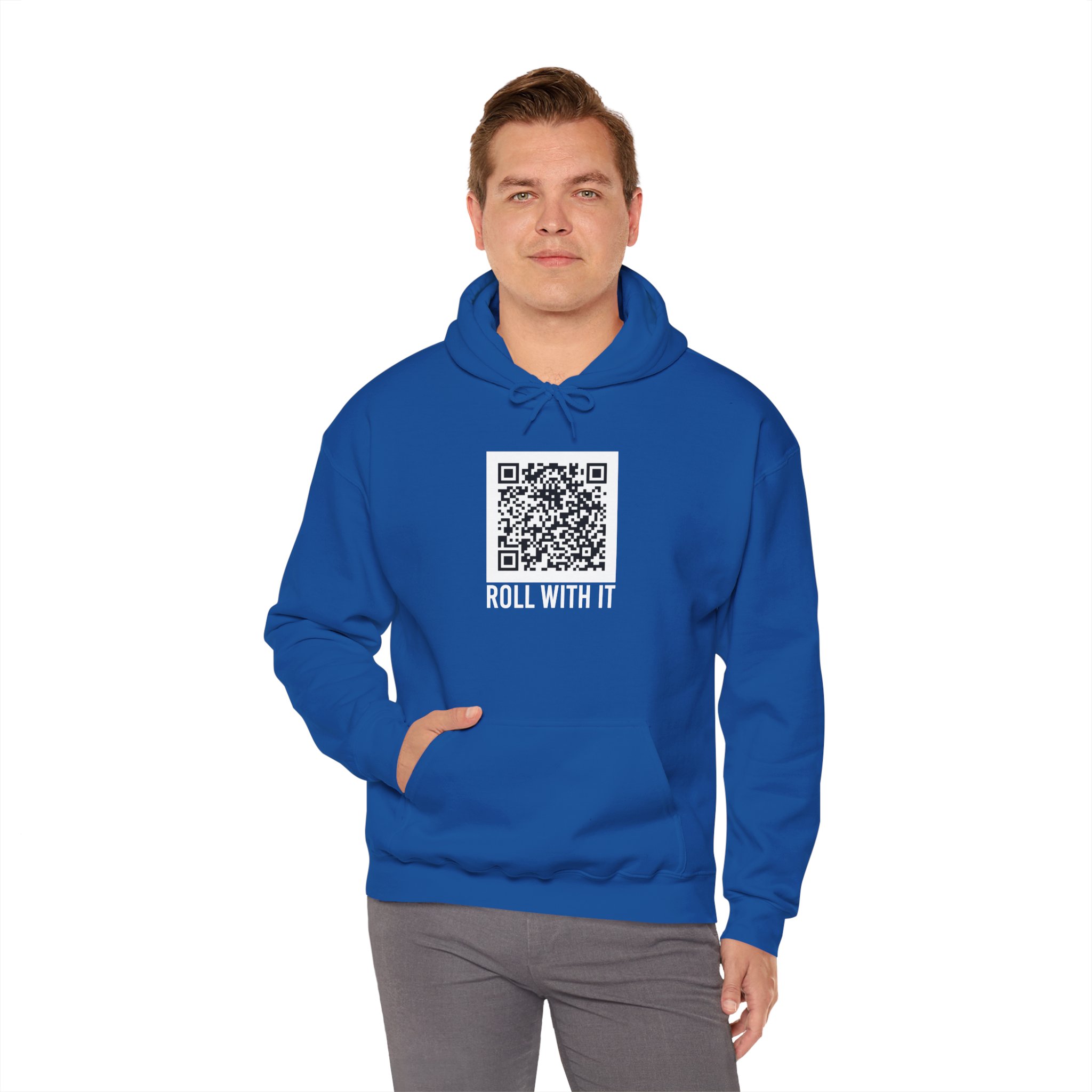 Roll With It QR Code hoodie in Royal, worn by a model, fourth view