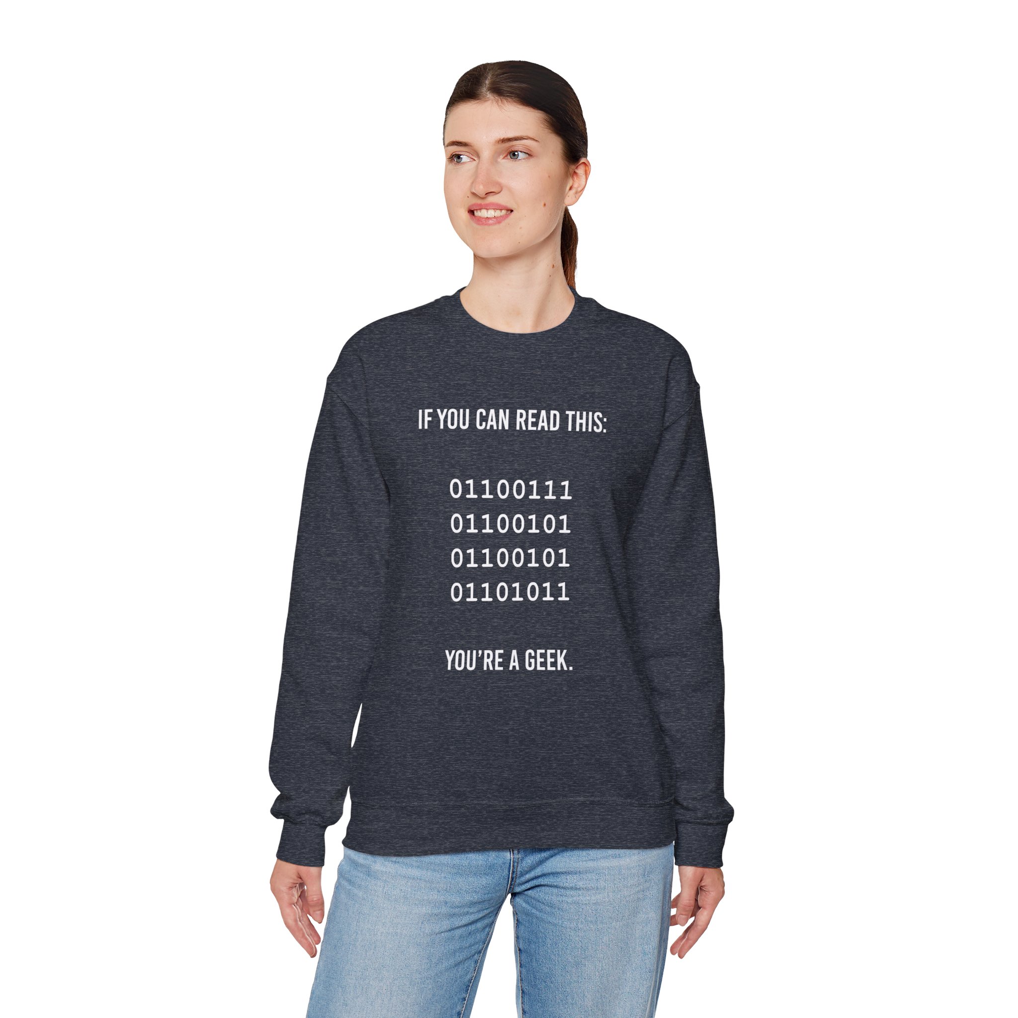 Geek Binary Code crewneck sweatshirt in Heather Sport Dark Navy, worn by a model, fourth view