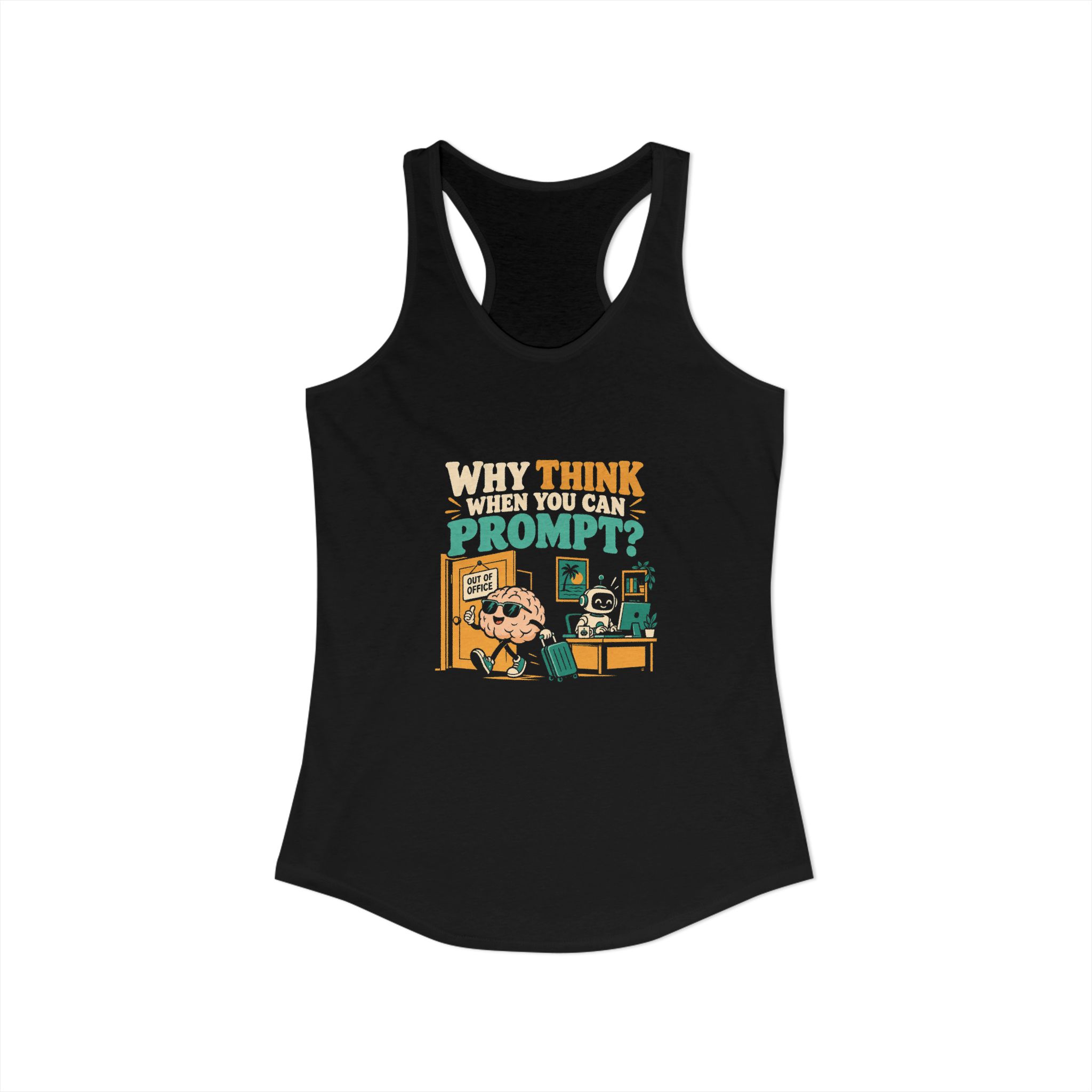 Prompt Out of Office women's racerback tank in Solid Black, front view