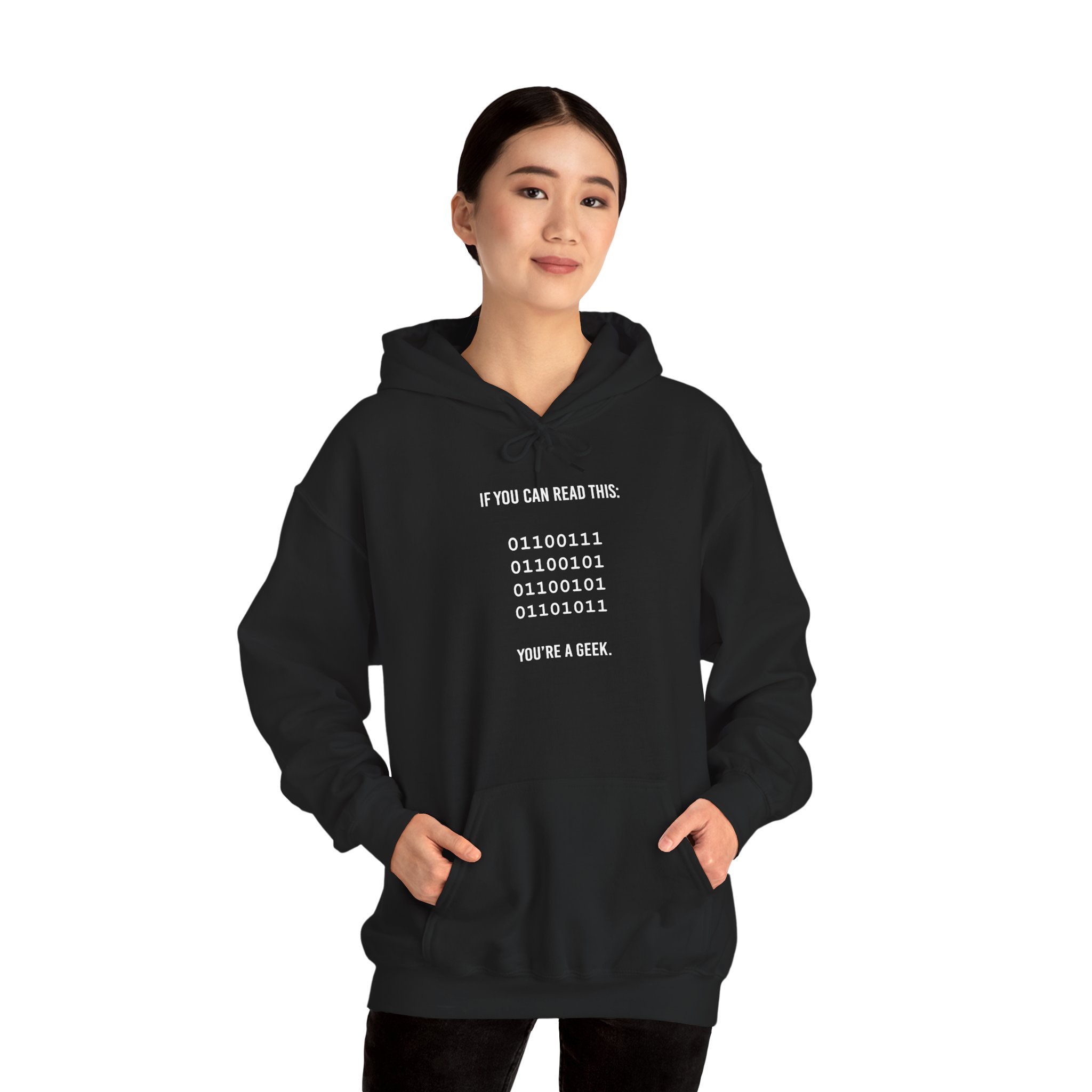 Geek Binary Code hoodie in Black, worn by a model