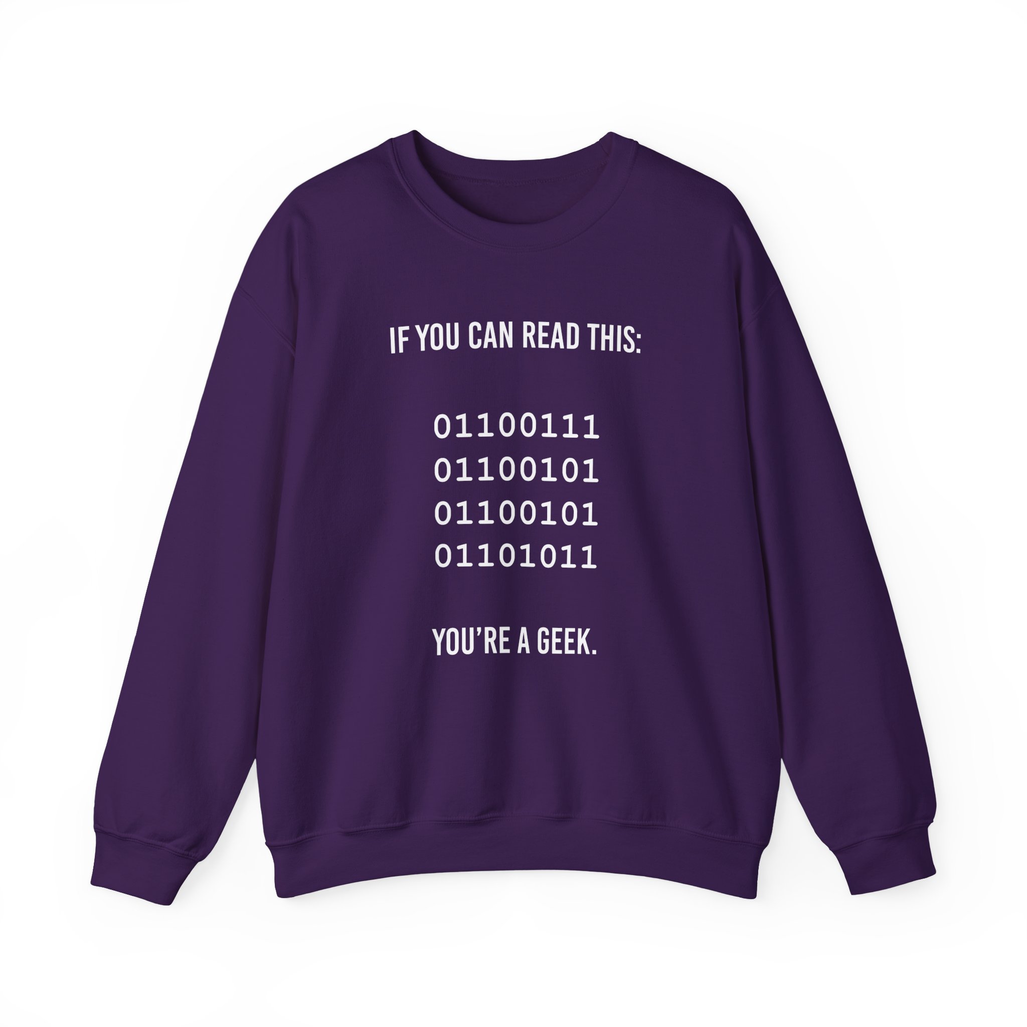 Geek Binary Code crewneck sweatshirt in Purple, front view