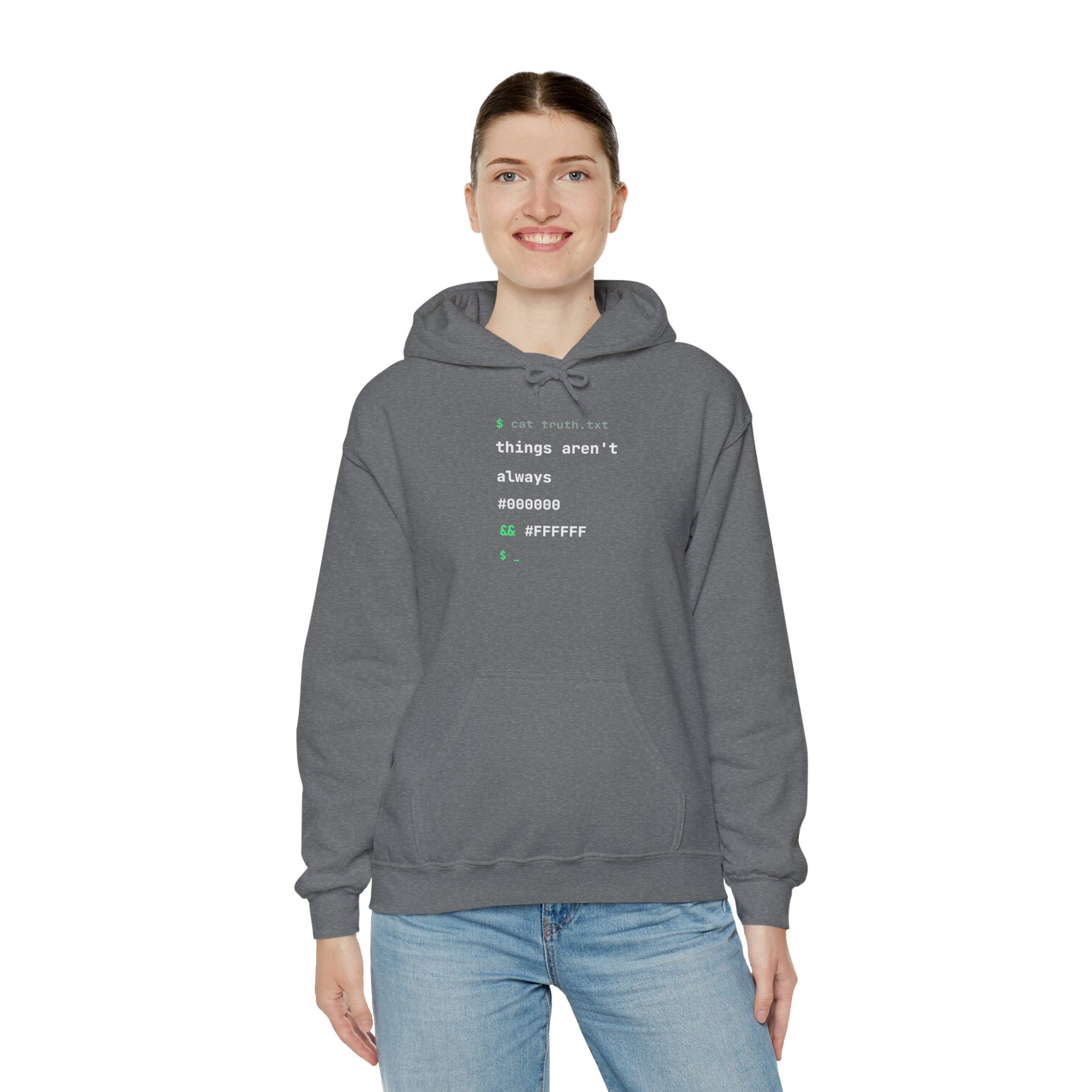 cat truth.txt hoodie in Graphite Heather, worn by a model, third view