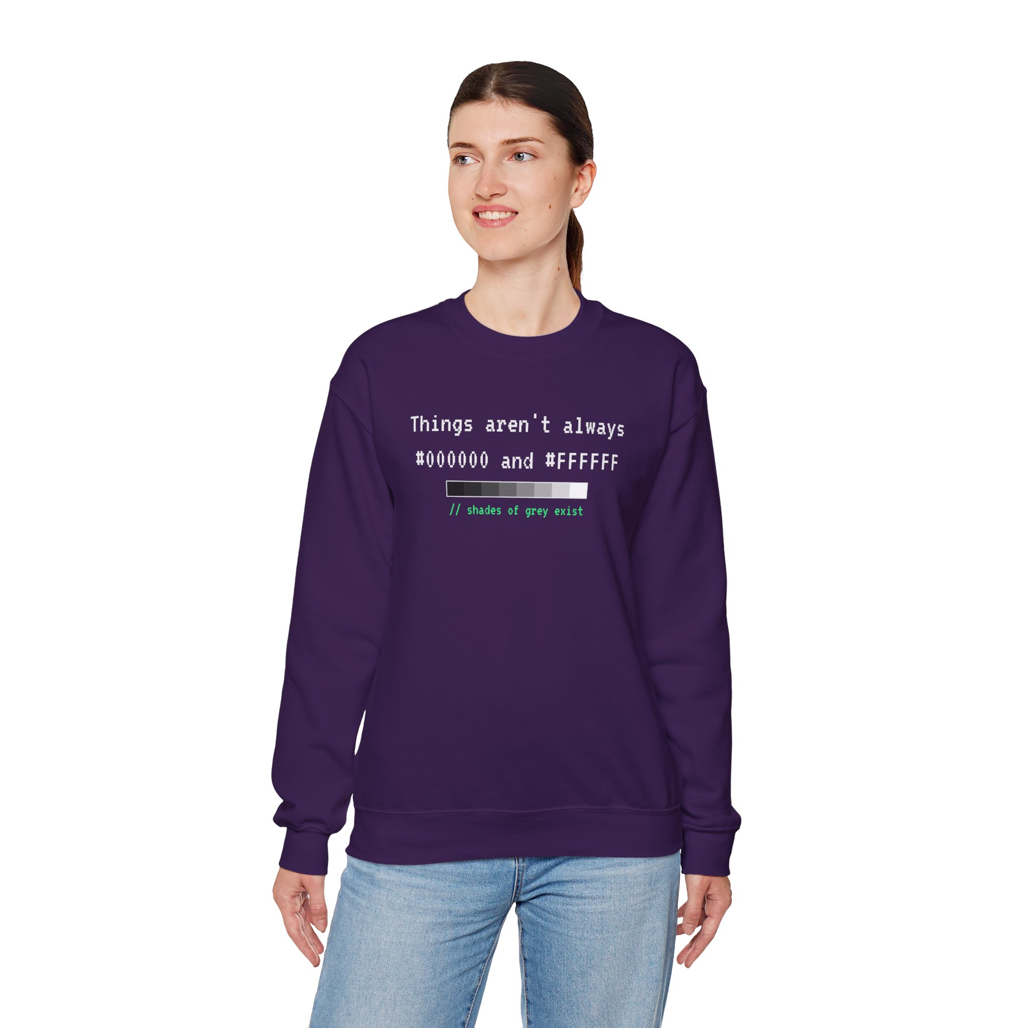 Shades of Grey Exist crewneck sweatshirt in Purple, worn by a model, fourth view