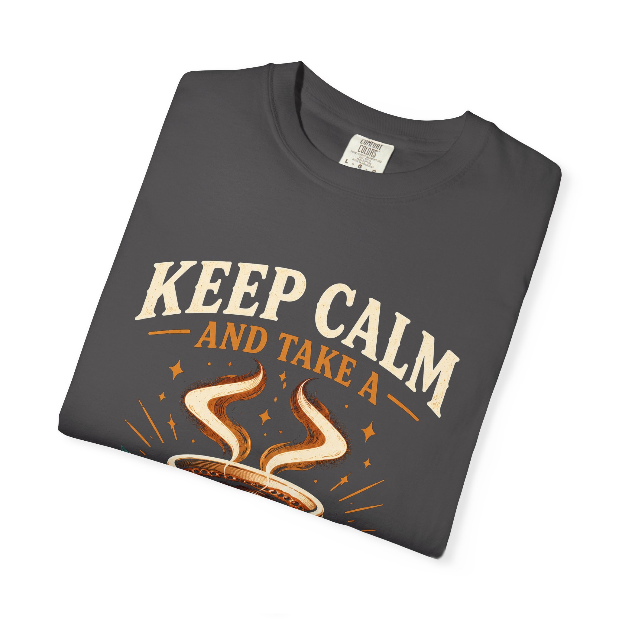 Keep Calm Coffee Break T-shirt in Graphite, folded