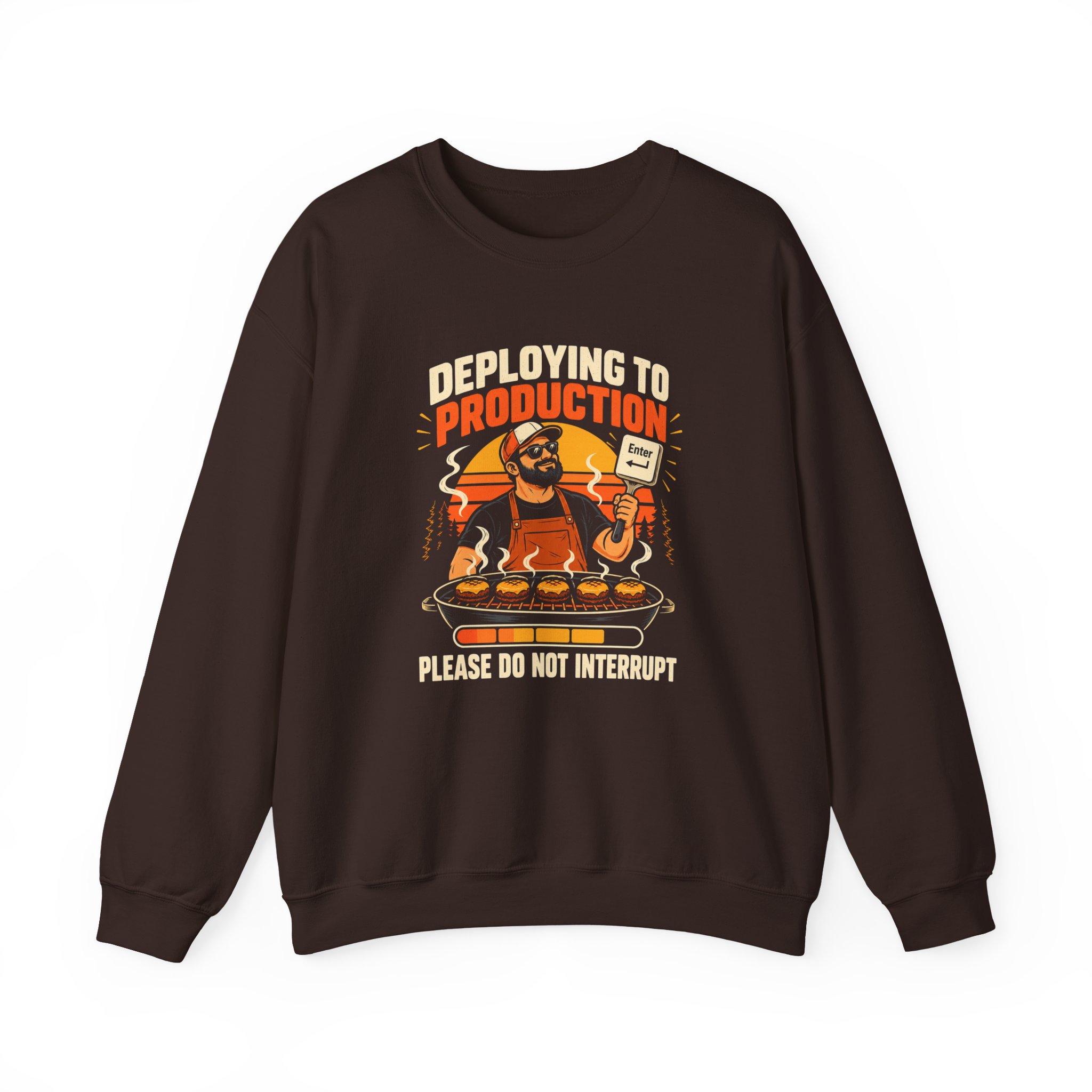 Deploying to Production crewneck sweatshirt in Dark Chocolate, front view