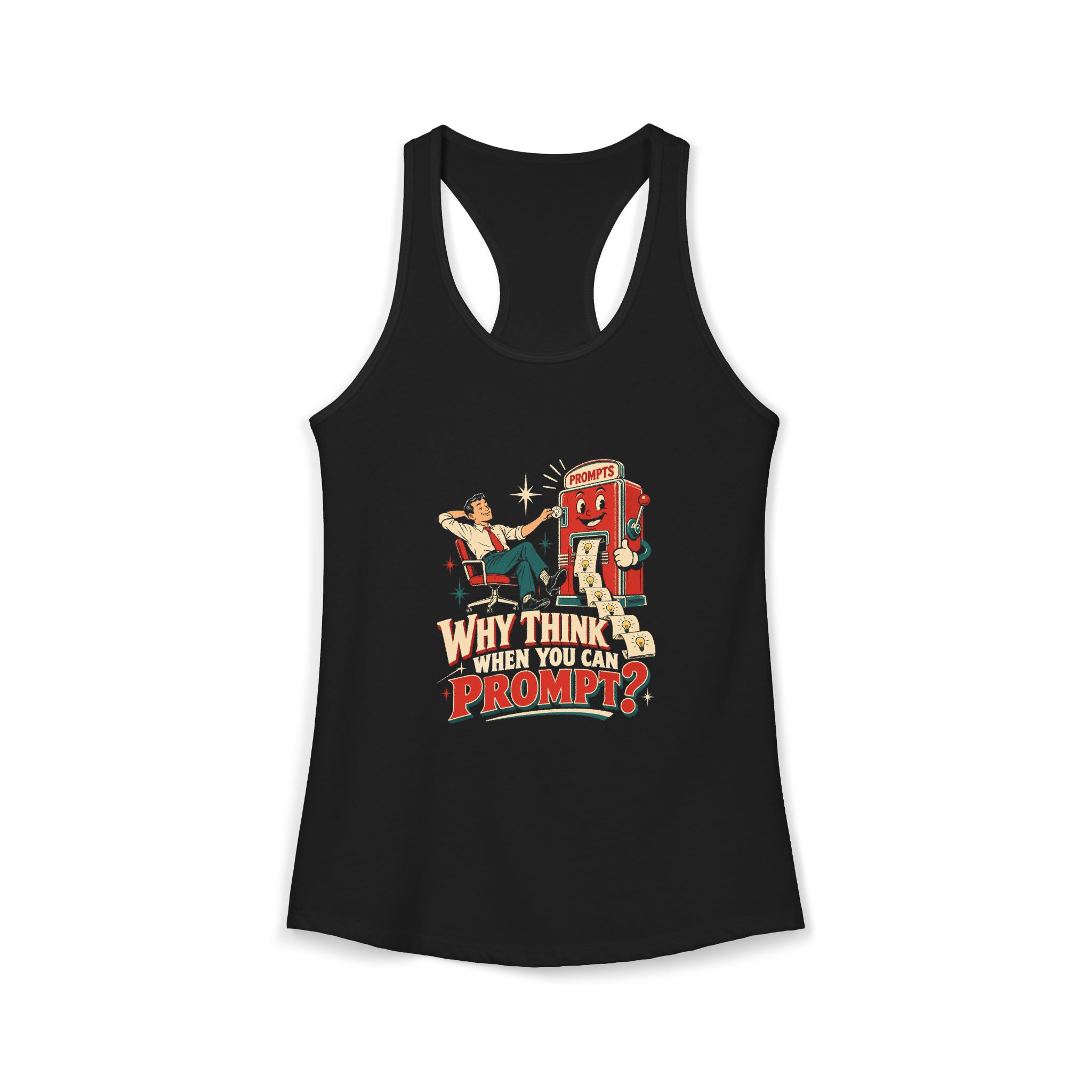 Prompt Machine women's racerback tank in Solid Black, front 2