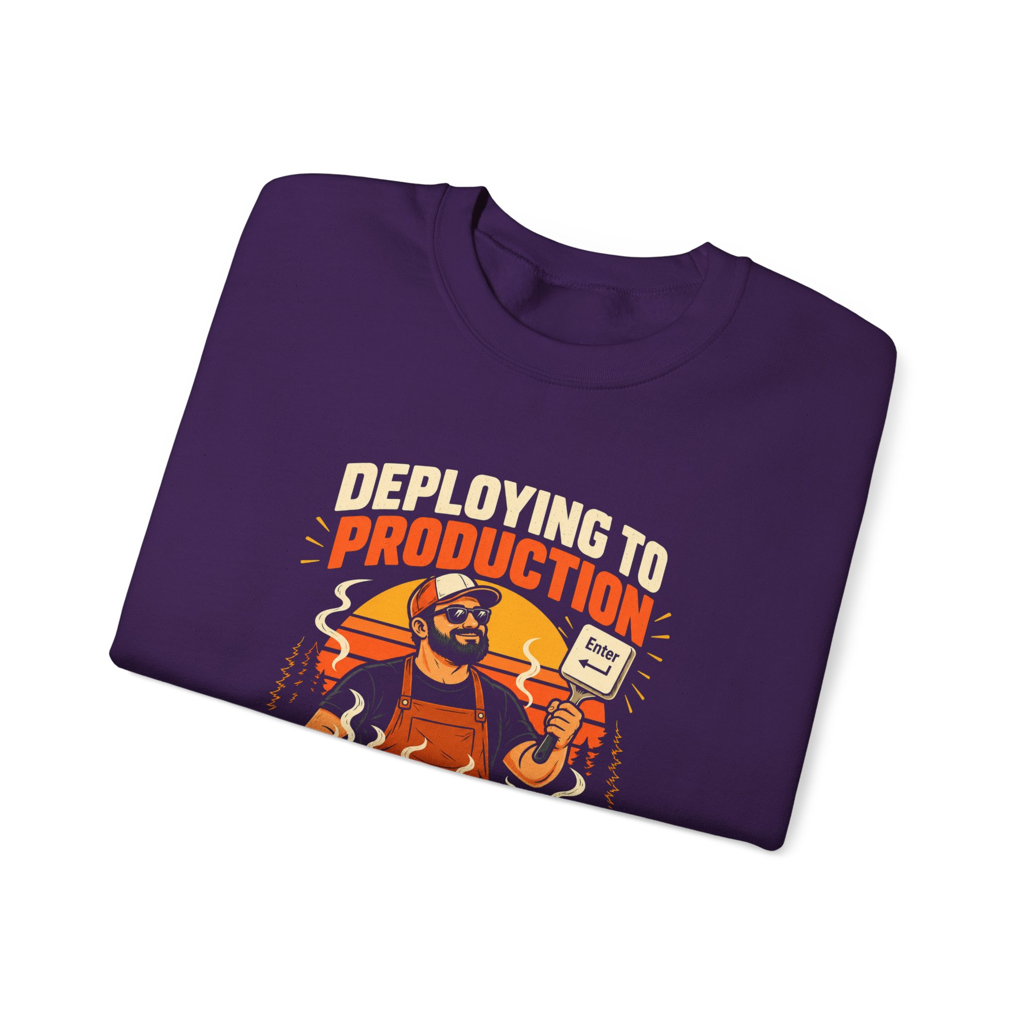 Deploying to Production crewneck sweatshirt in Purple, folded