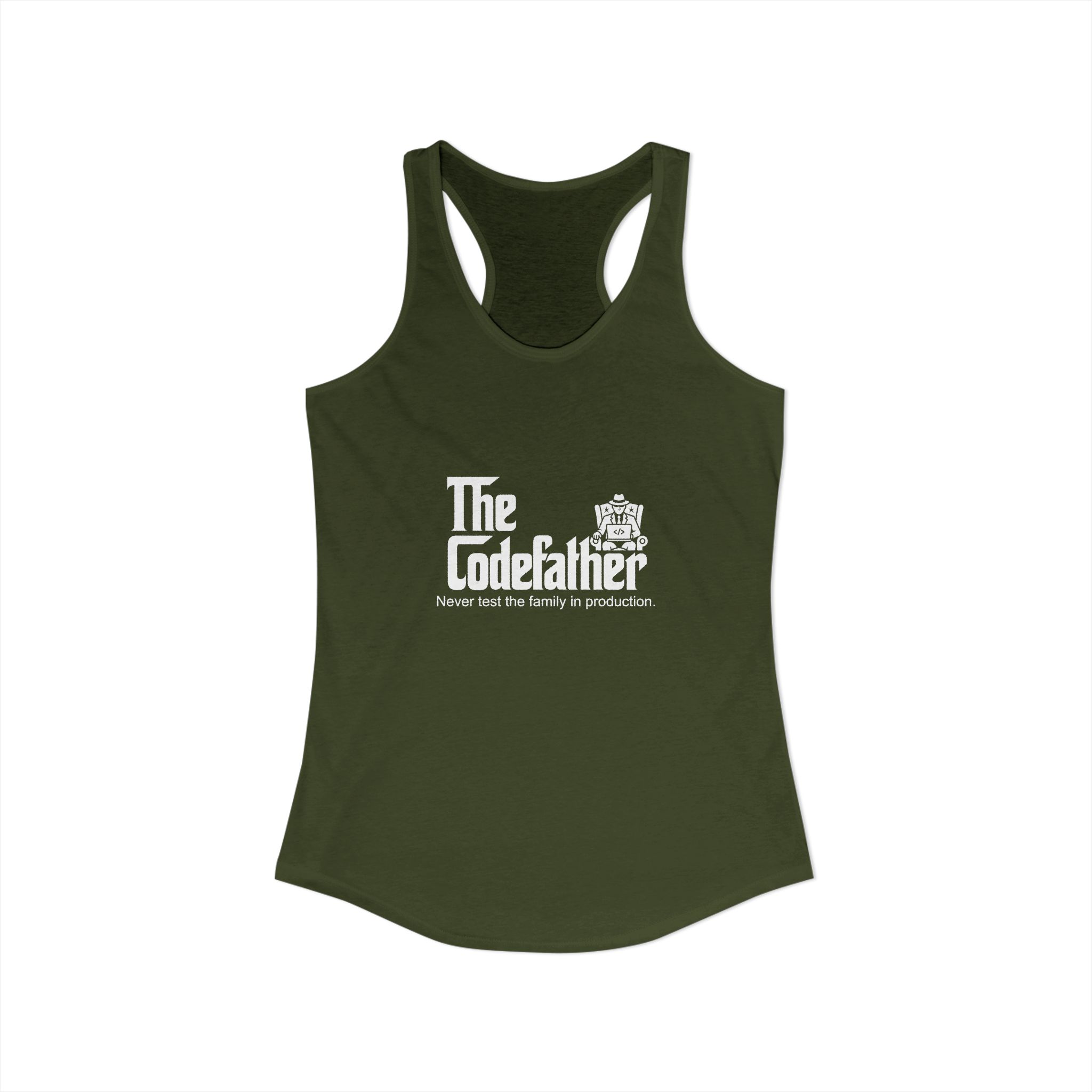 The Codefather women's racerback tank in Solid Military Green, front view