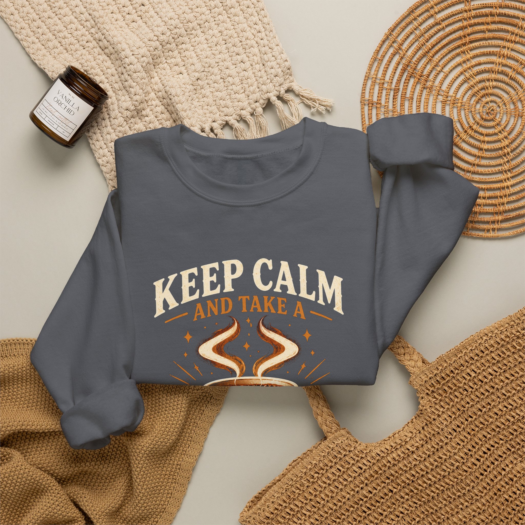 Keep Calm Coffee Break crewneck sweatshirt in Charcoal, folded 2
