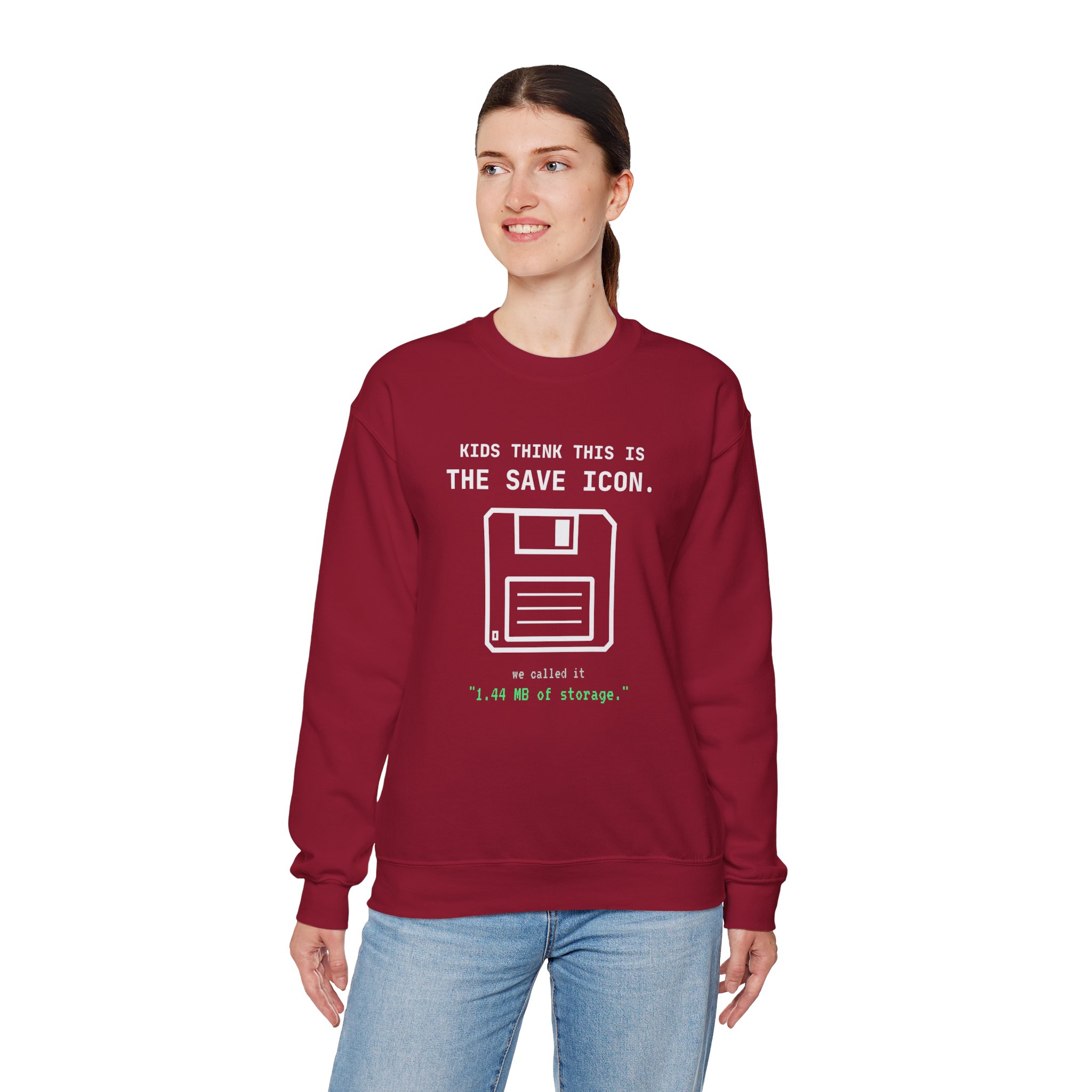 The Original Save Icon crewneck sweatshirt in Cardinal Red, worn by a model, fourth view