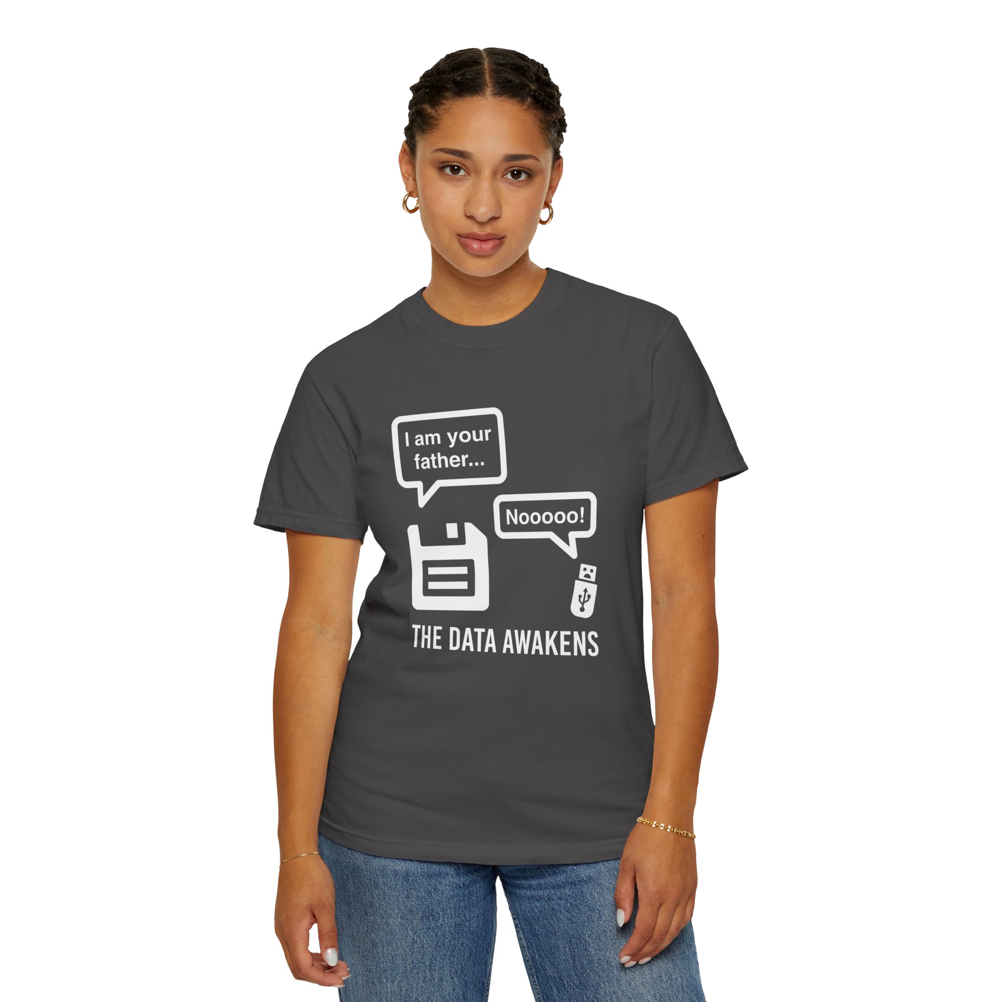The Data Awakens T-shirt in Graphite, worn by a woman, second model