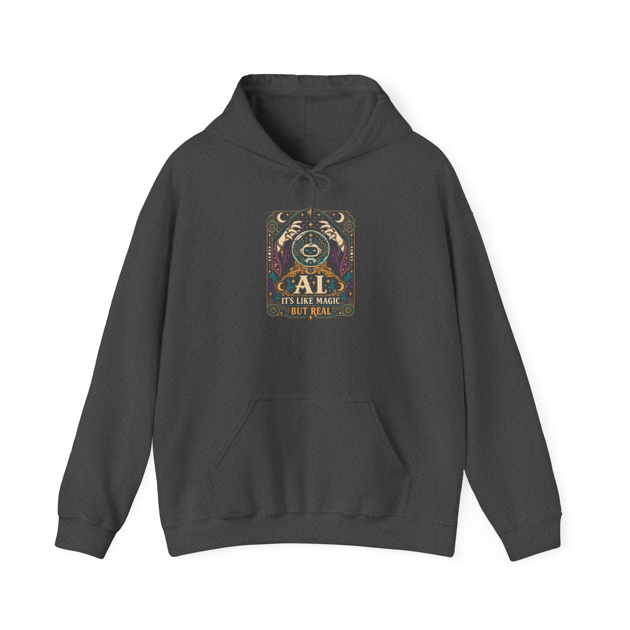 AI Magic Crystal Ball hoodie in Dark Heather, front view