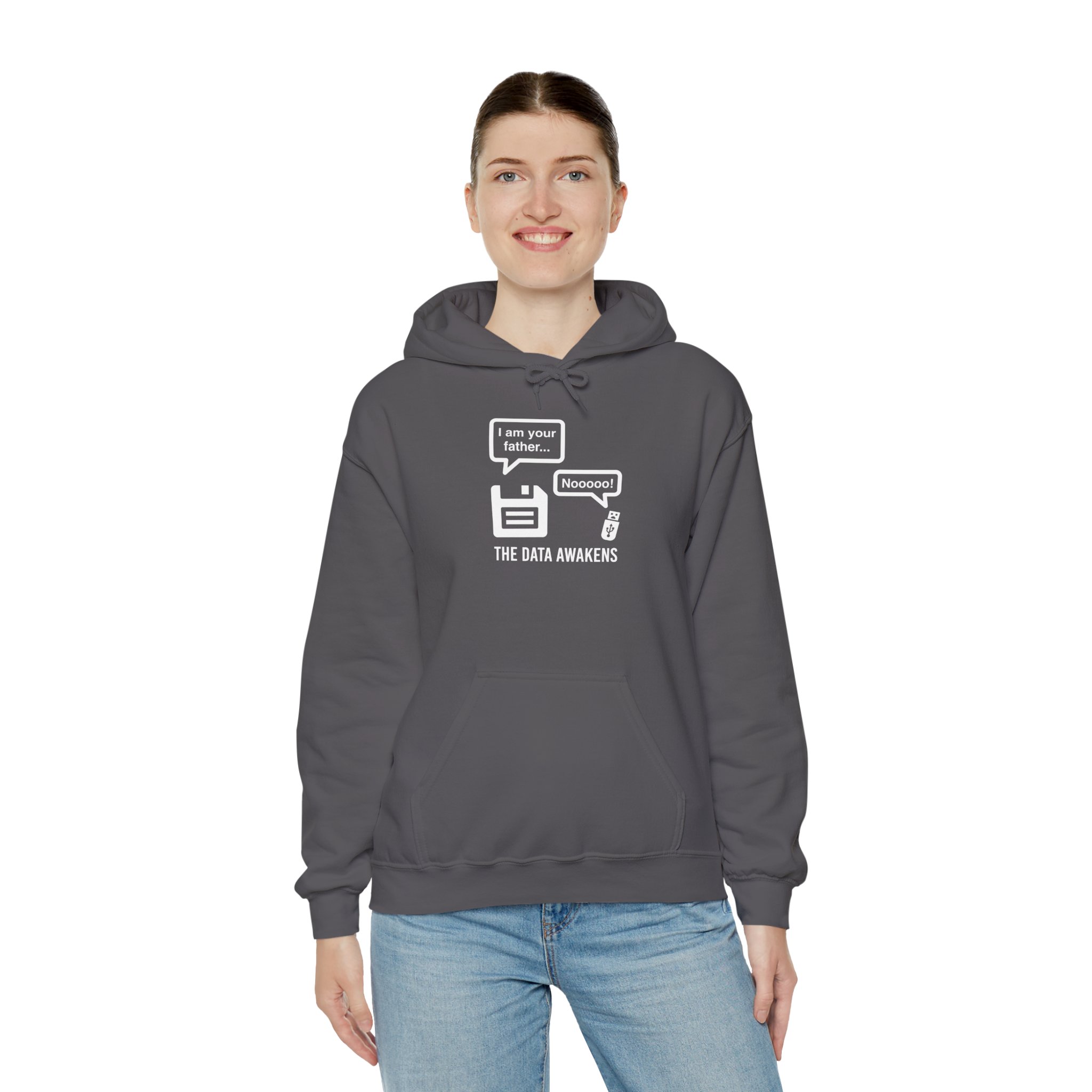 The Data Awakens hoodie in Charcoal, worn by a model, third view