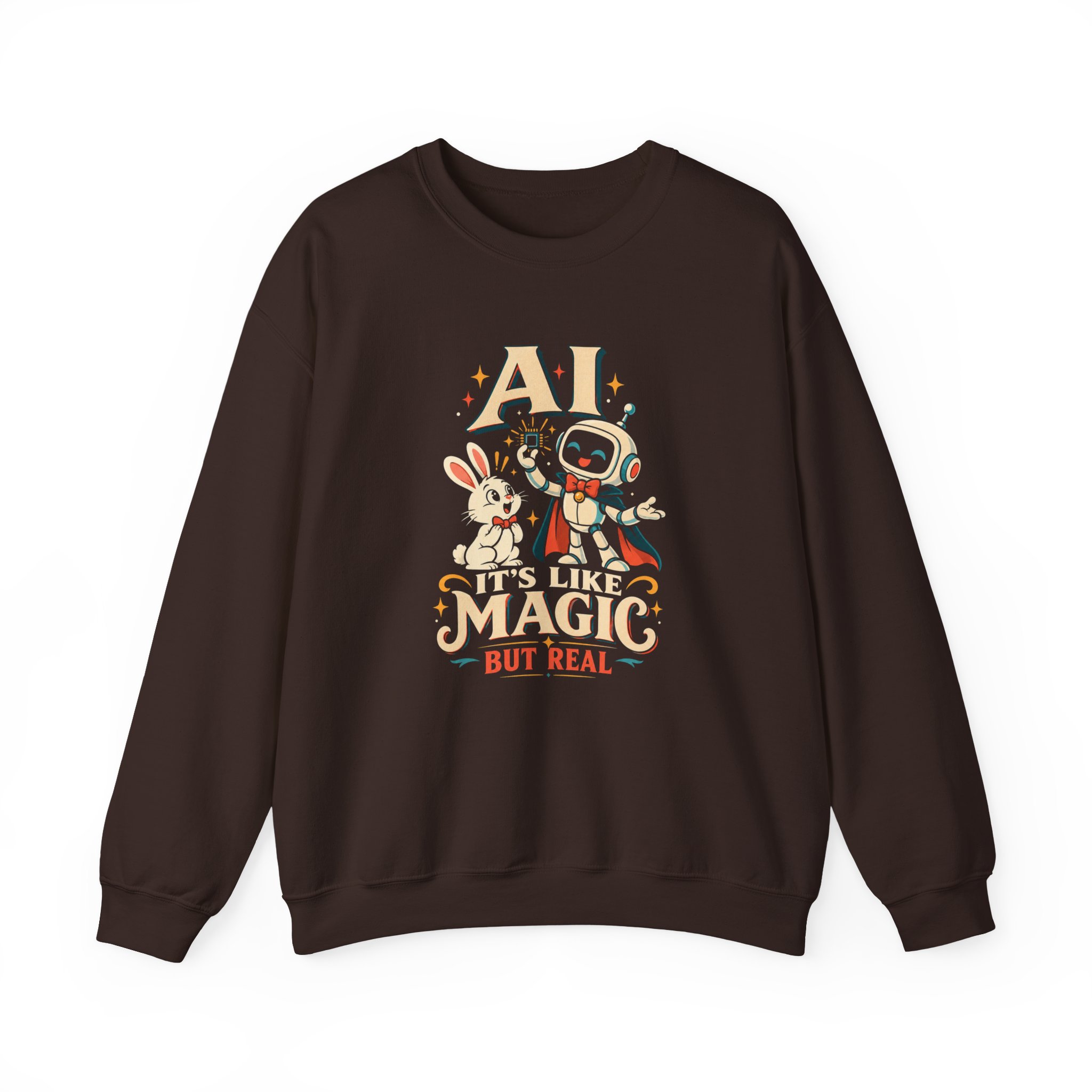 AI Magic Bunny crewneck sweatshirt in Dark Chocolate, front view