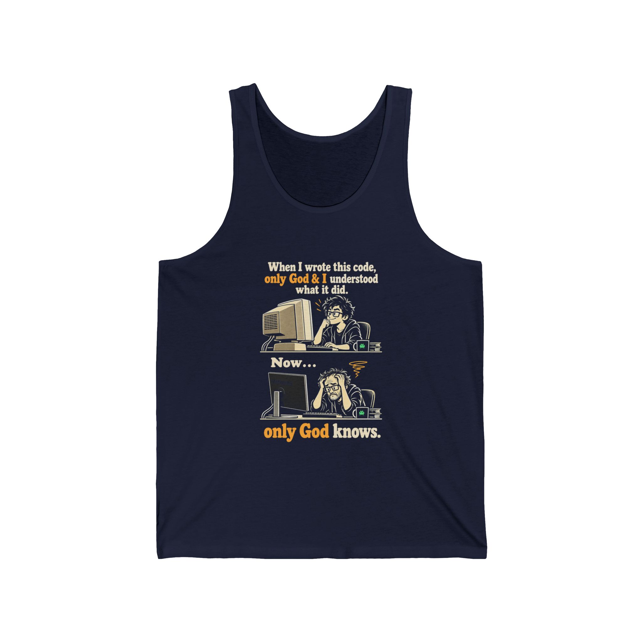 Only God Knows unisex tank in Navy, front view