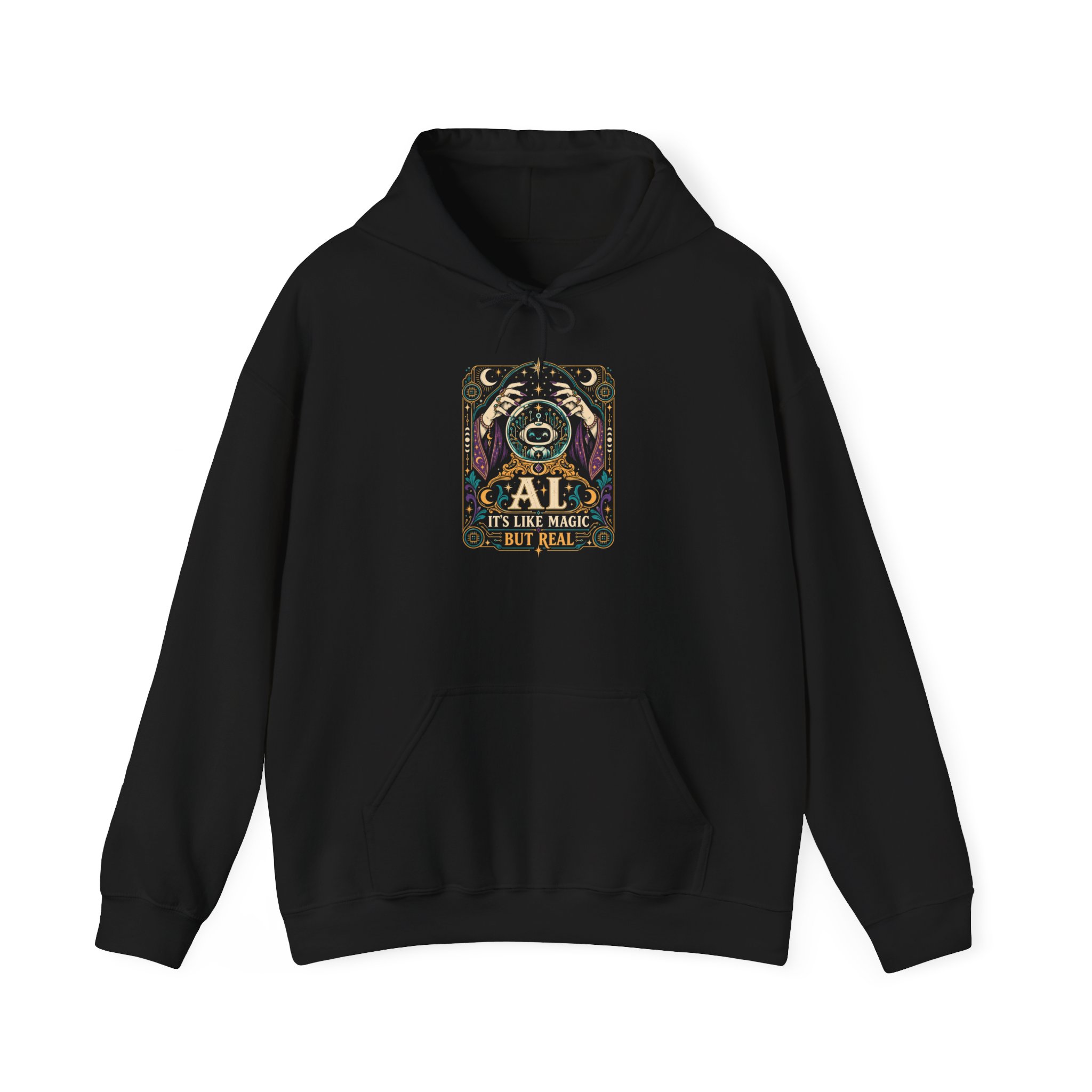 AI Magic Crystal Ball hoodie in Black, front view