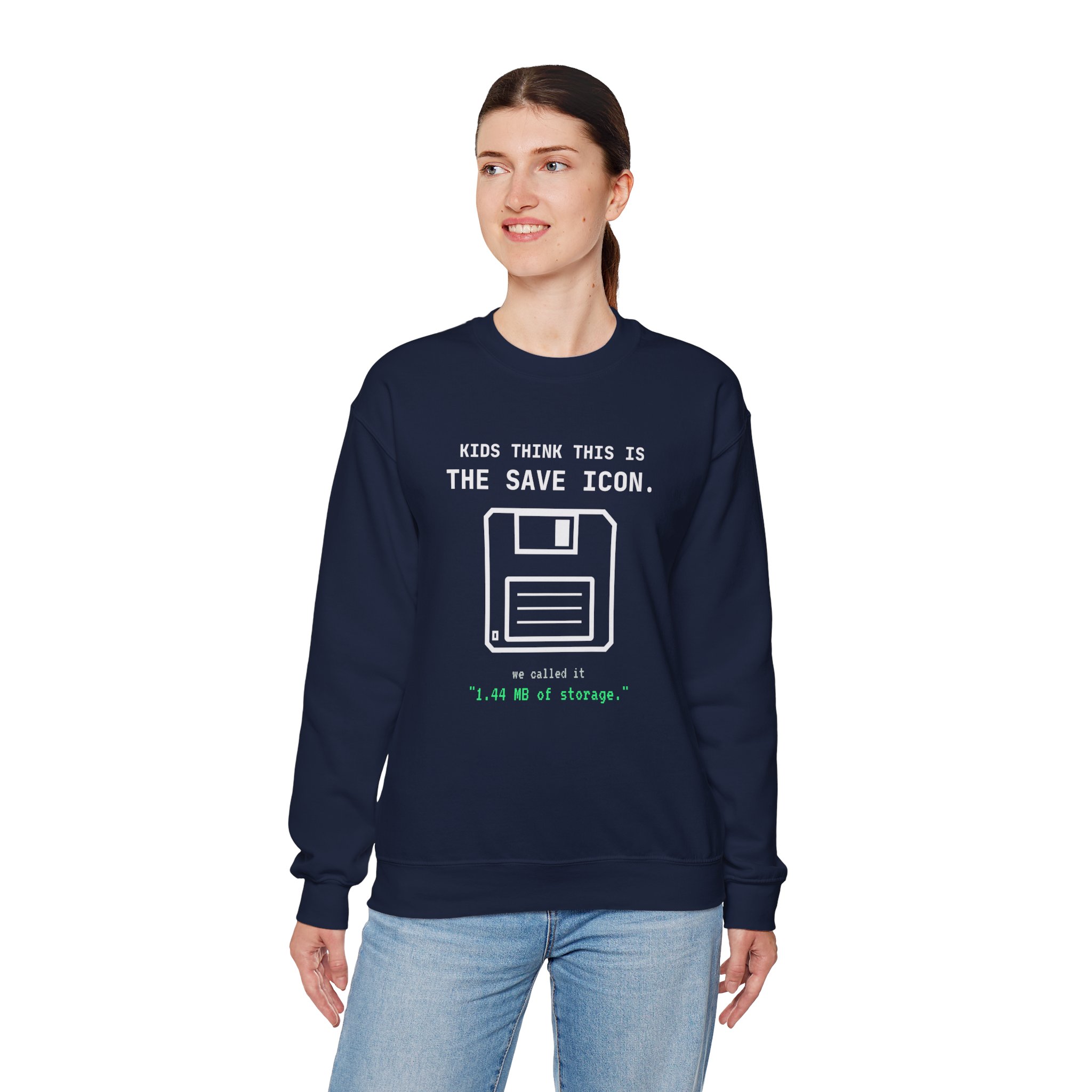 The Original Save Icon crewneck sweatshirt in Navy, worn by a model, fourth view