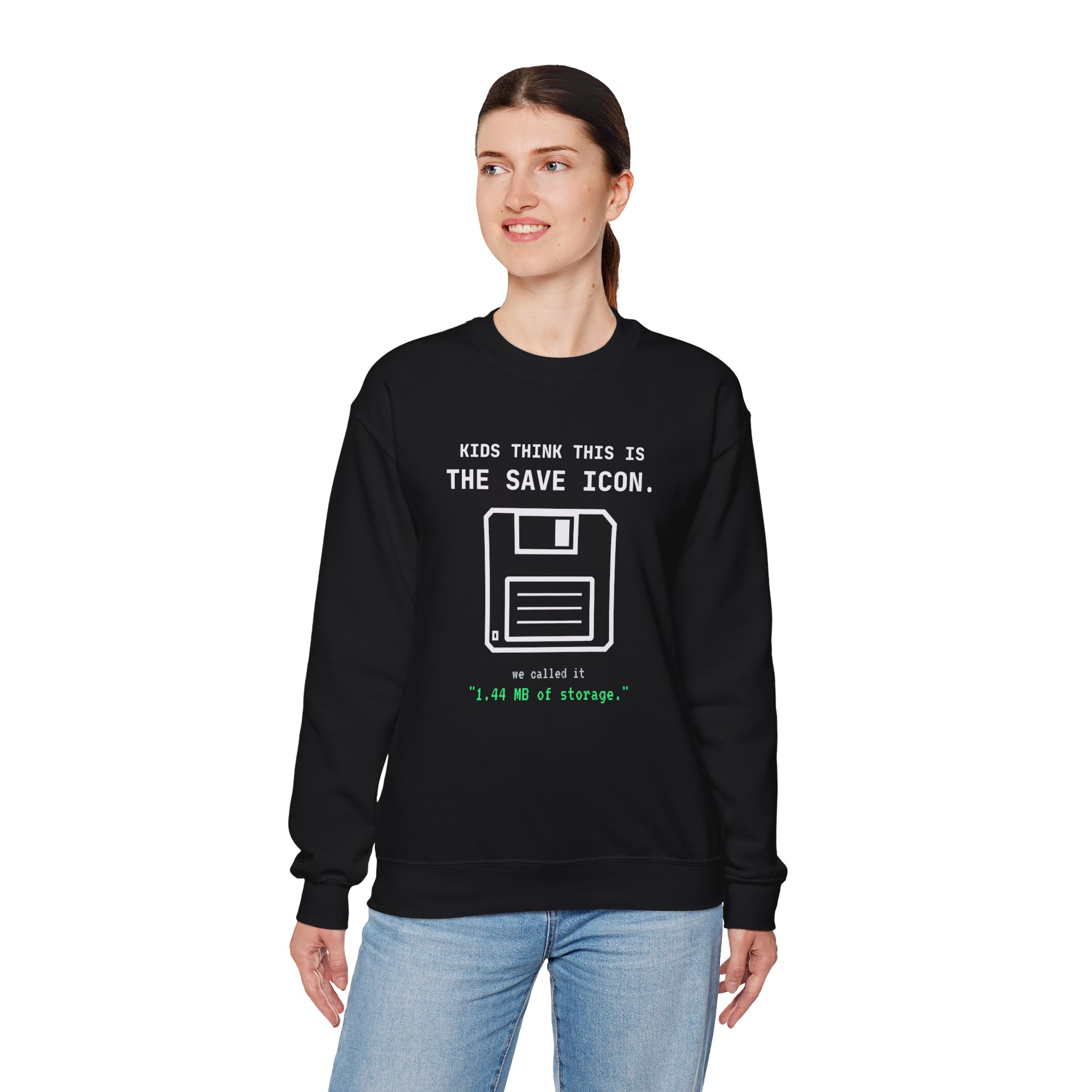 The Original Save Icon crewneck sweatshirt in Black, worn by a model, fourth view