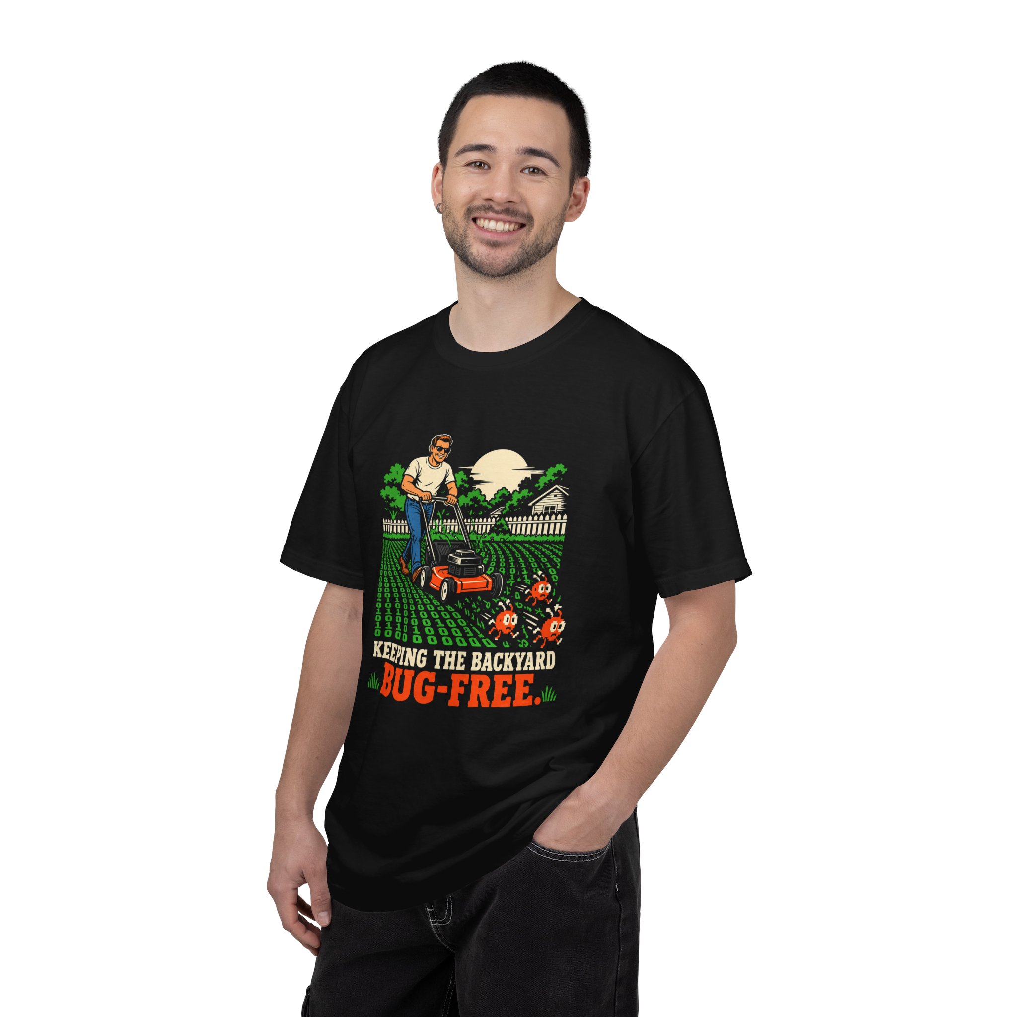 Bug-Free Backyard T-shirt in Black, worn by a man