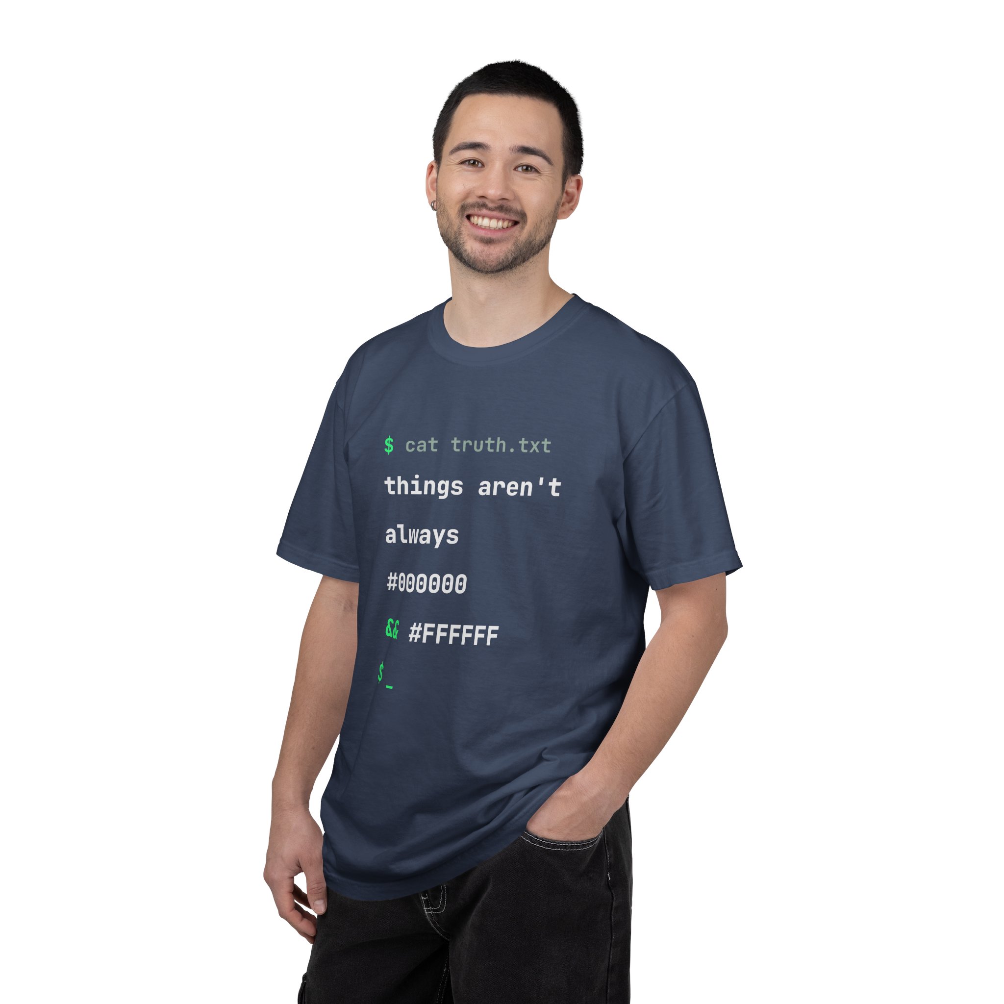 cat truth.txt T-shirt in Midnight, worn by a man