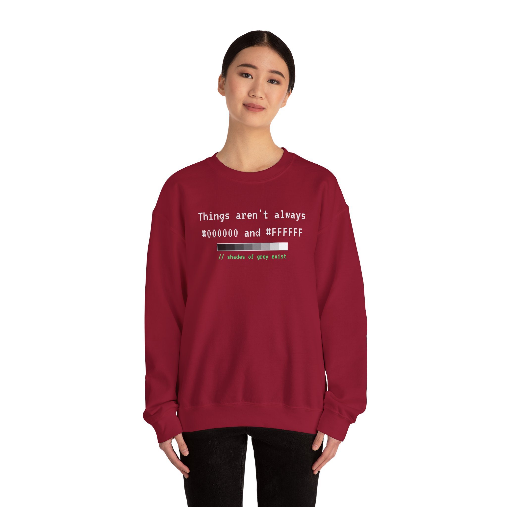 Shades of Grey Exist crewneck sweatshirt in Cardinal Red, worn by a model