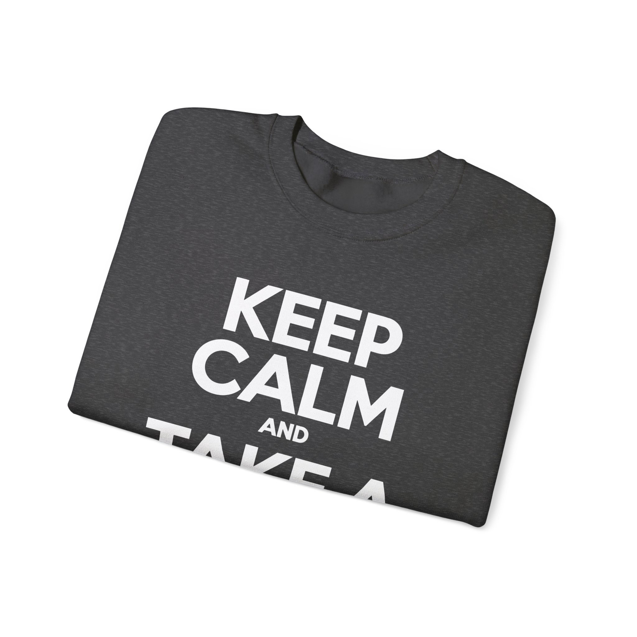 Keep Calm and Take a Break crewneck sweatshirt in Dark Heather, folded