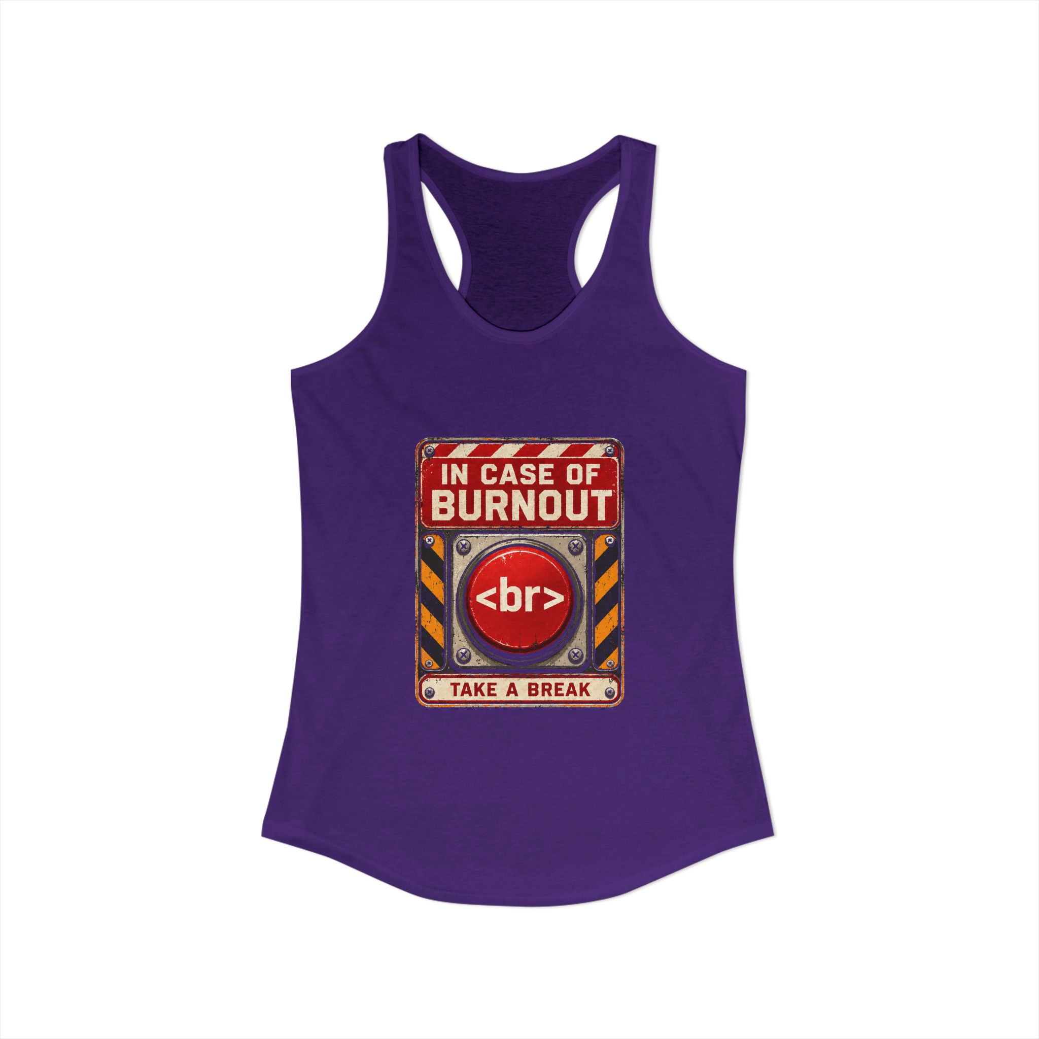 In Case of Burnout women's racerback tank in Solid Purple Rush, front view