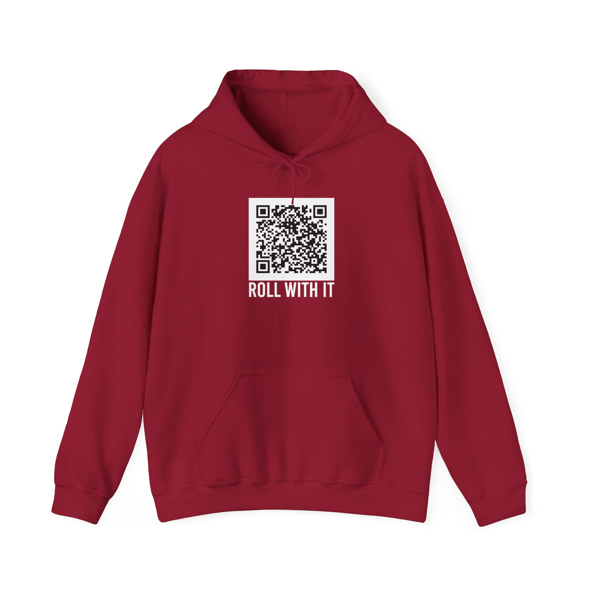 Roll With It QR Code hoodie in Cardinal Red, front view