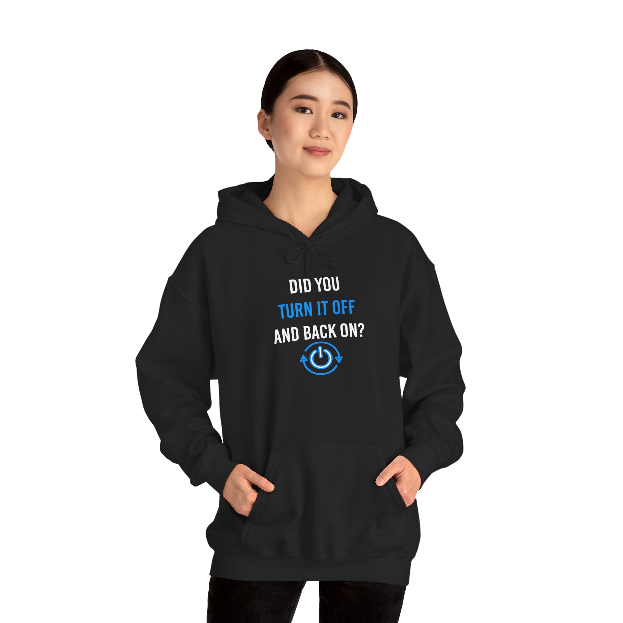 Did You Turn It Off and Back On? hoodie in Black, worn by a model