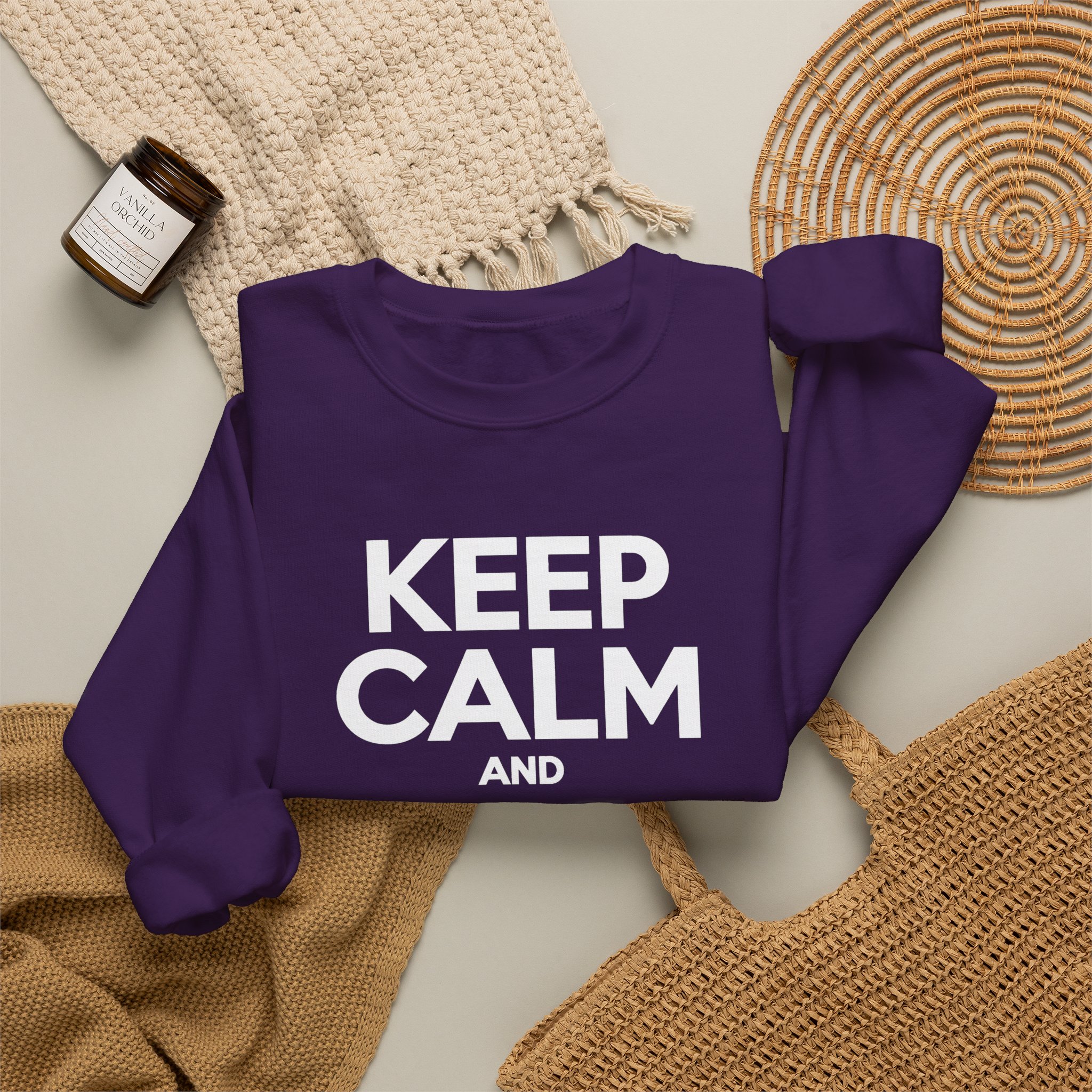 Keep Calm and Take a Break crewneck sweatshirt in Purple, folded 2