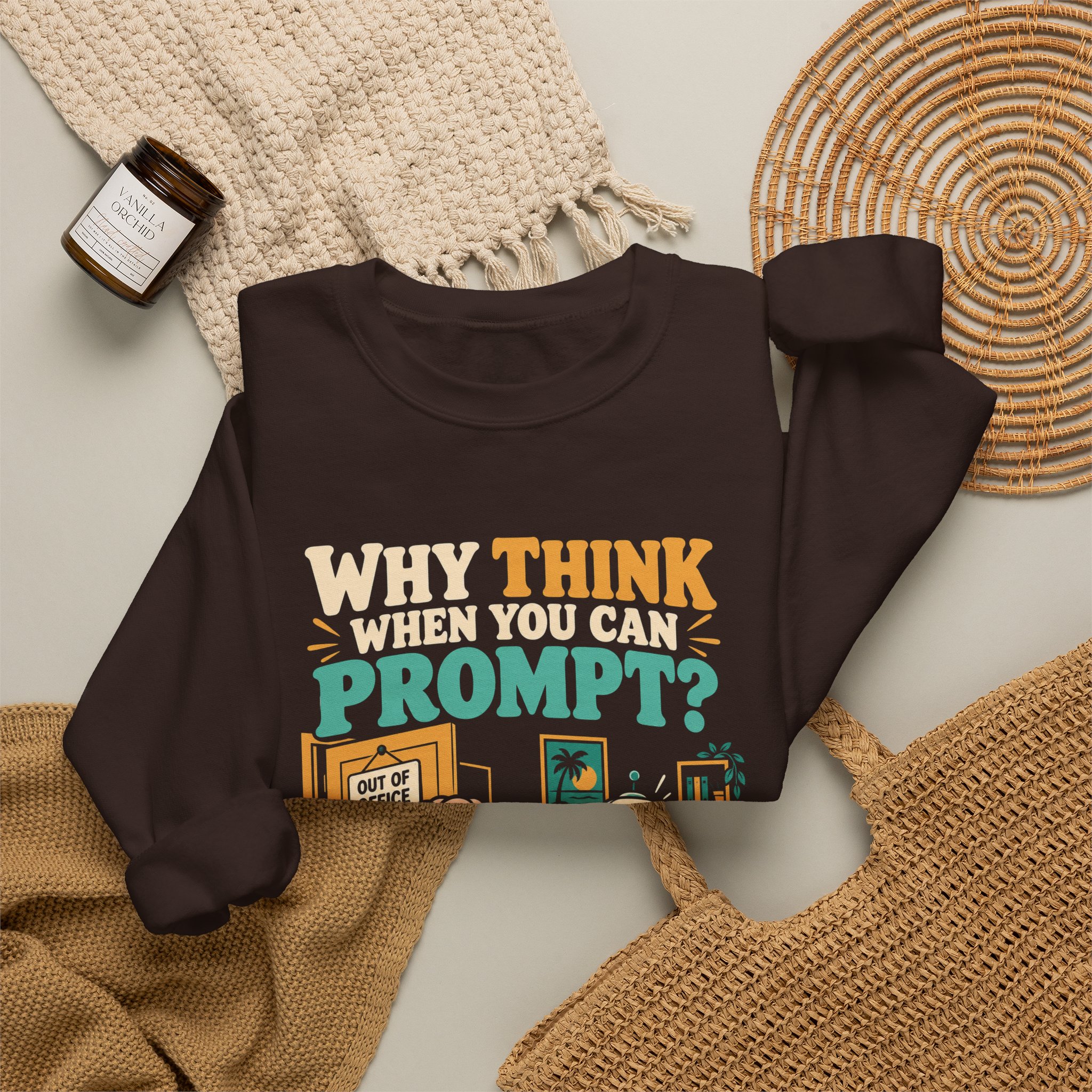 Prompt Out of Office crewneck sweatshirt in Dark Chocolate, folded 2
