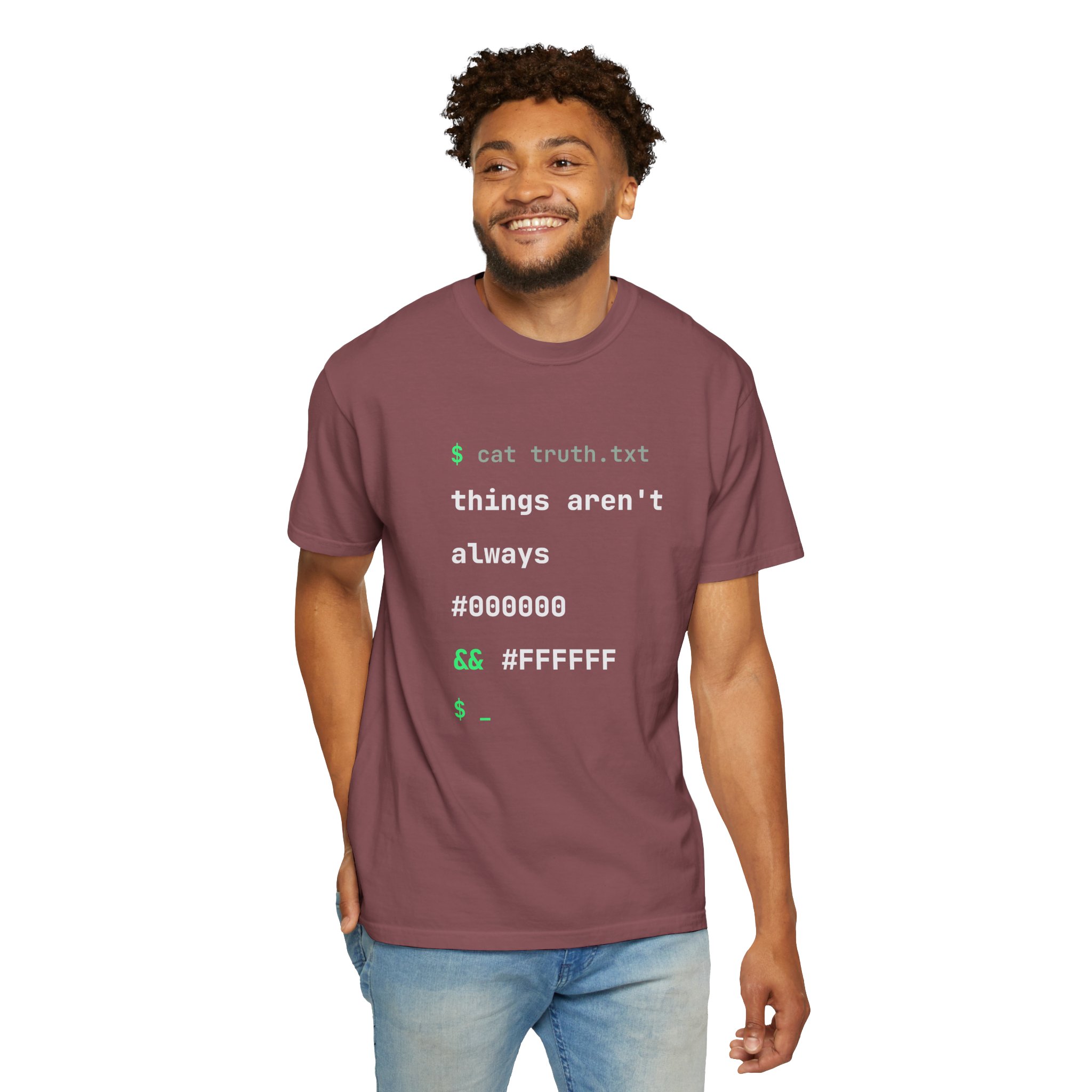 cat truth.txt T-shirt in Brick, worn by a man, second model
