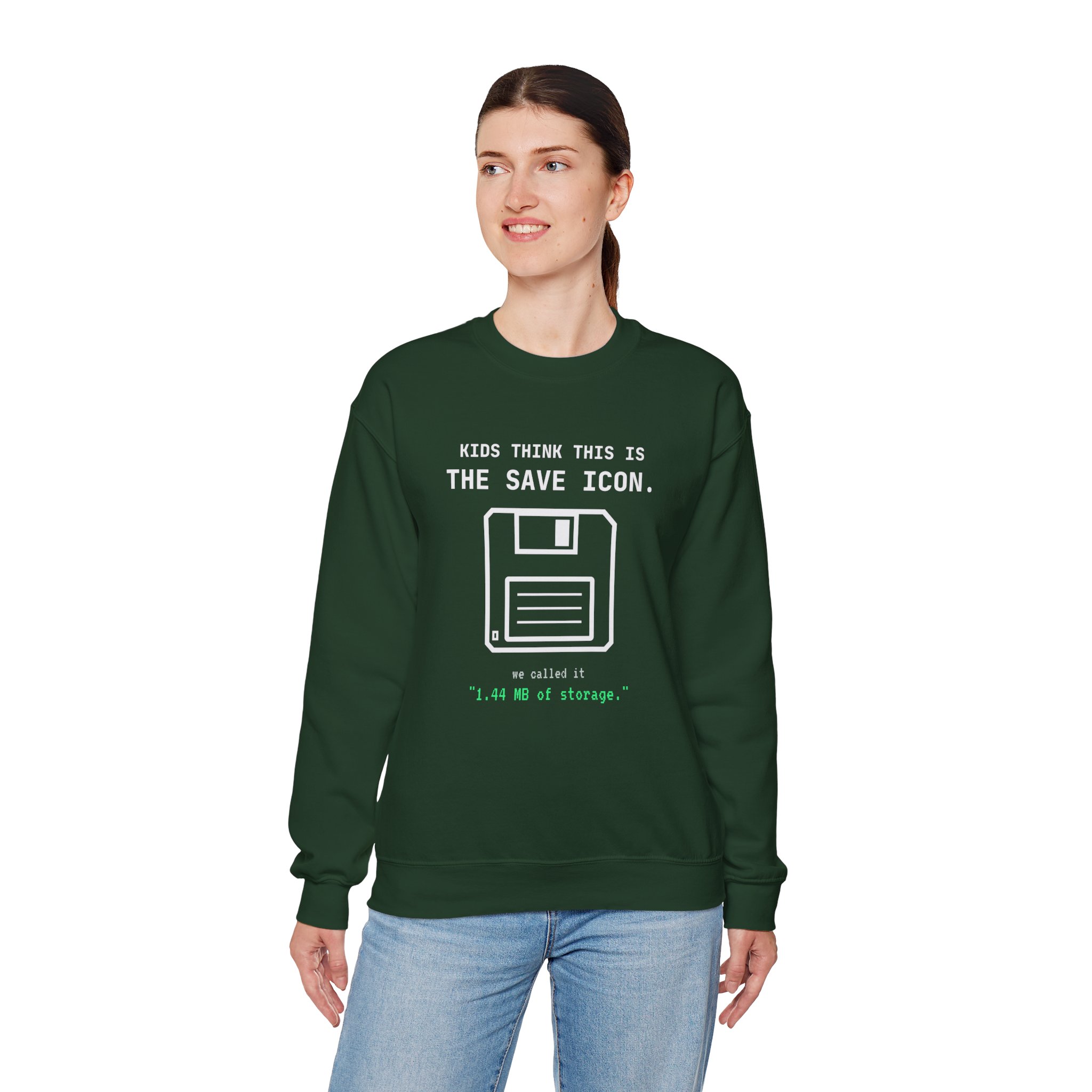 The Original Save Icon crewneck sweatshirt in Forest Green, worn by a model, fourth view