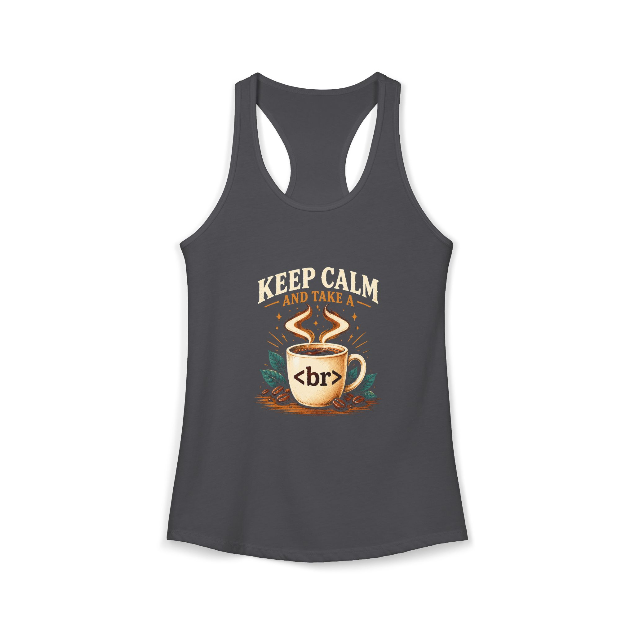 Keep Calm Coffee Break women's racerback tank in Solid Dark Gray, front 2