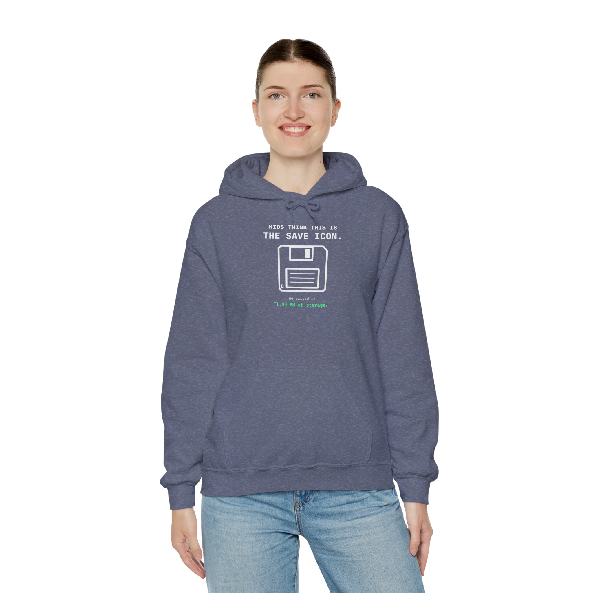 The Original Save Icon hoodie in Heather Navy, worn by a model, third view