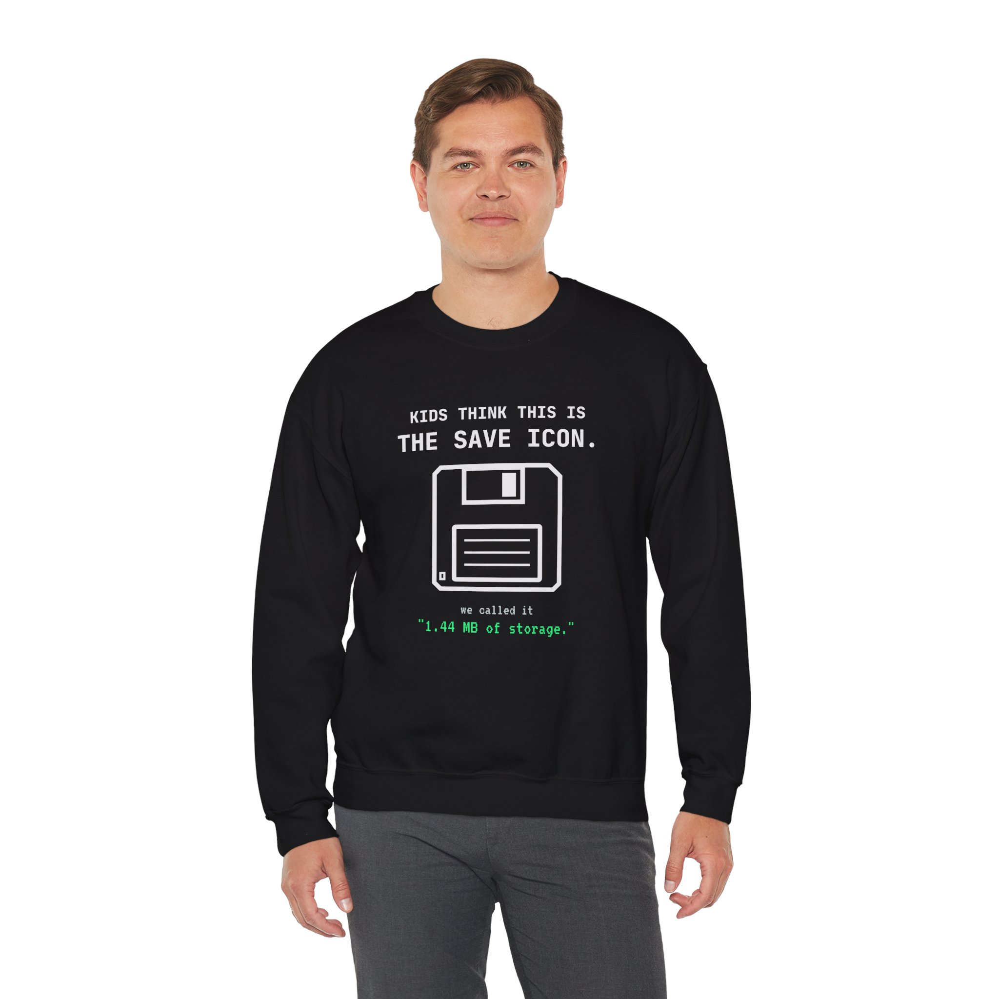 The Original Save Icon crewneck sweatshirt in Black, worn by a model, third view