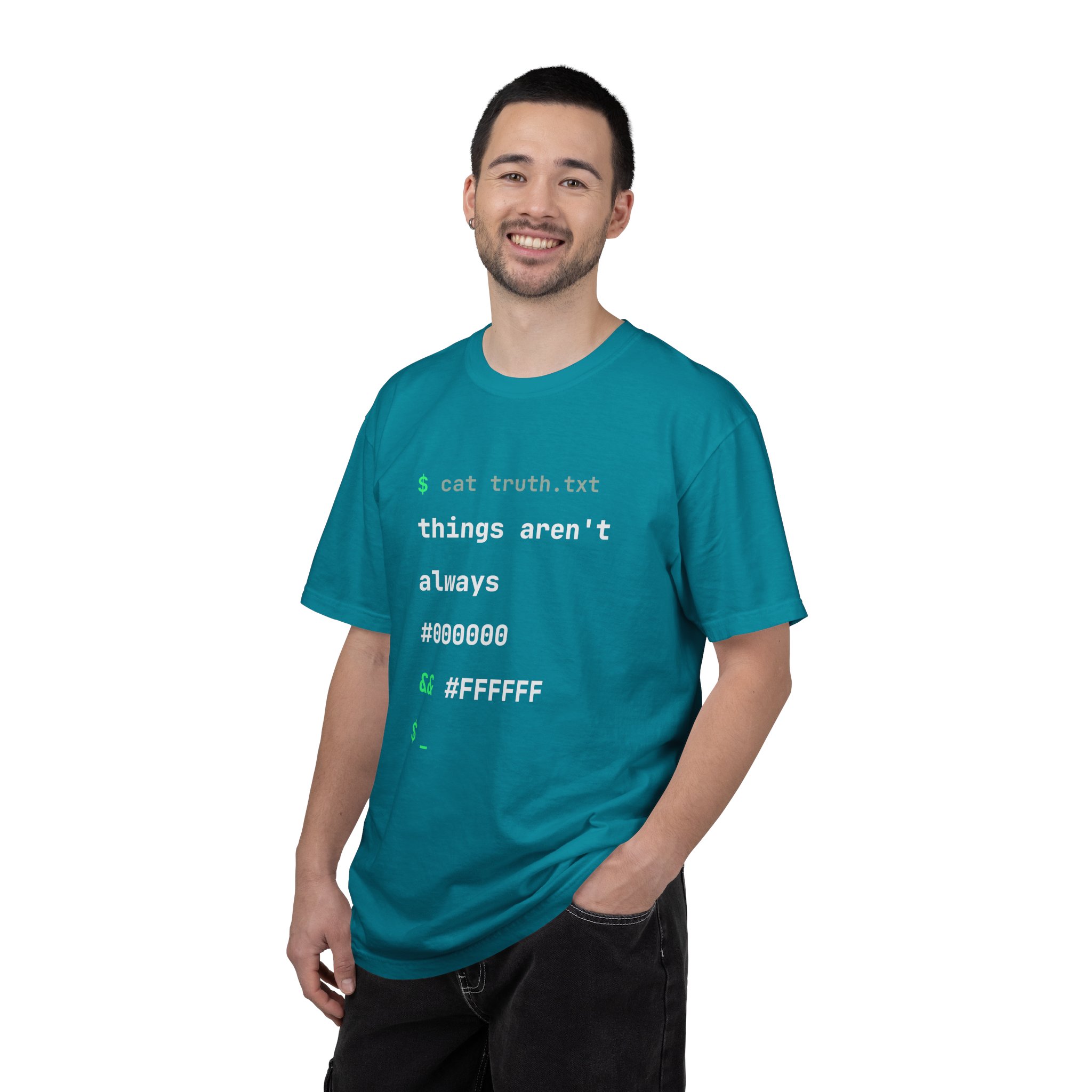 cat truth.txt T-shirt in Topaz Blue, worn by a man