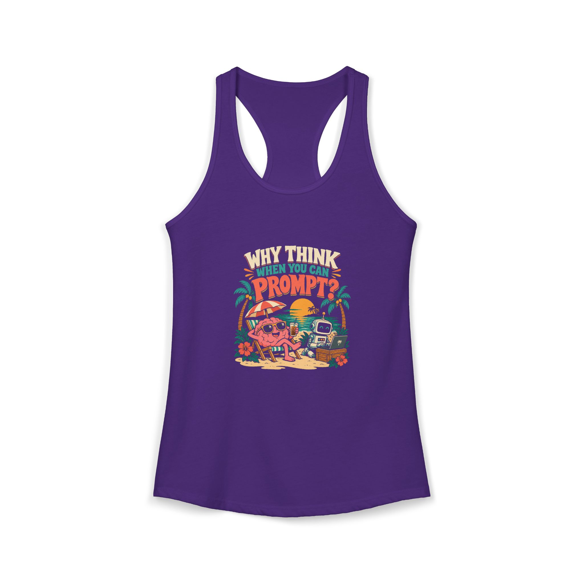 Prompt Beach Brain women's racerback tank in Solid Purple Rush, front 2