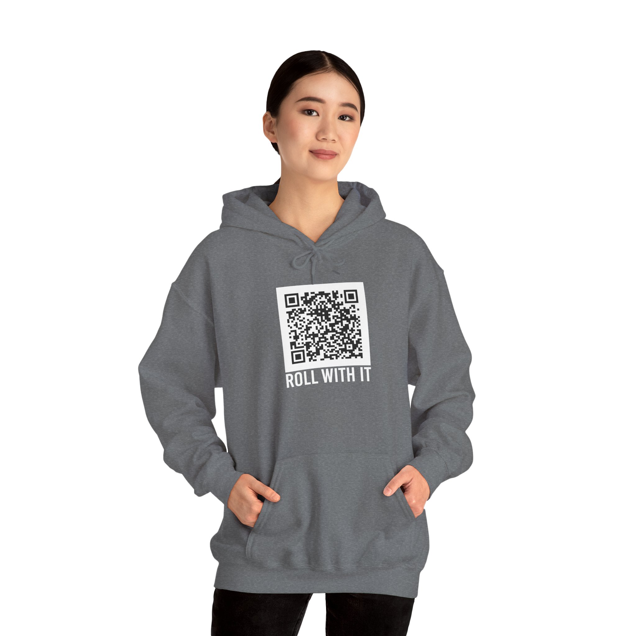 Roll With It QR Code hoodie in Graphite Heather, worn by a model