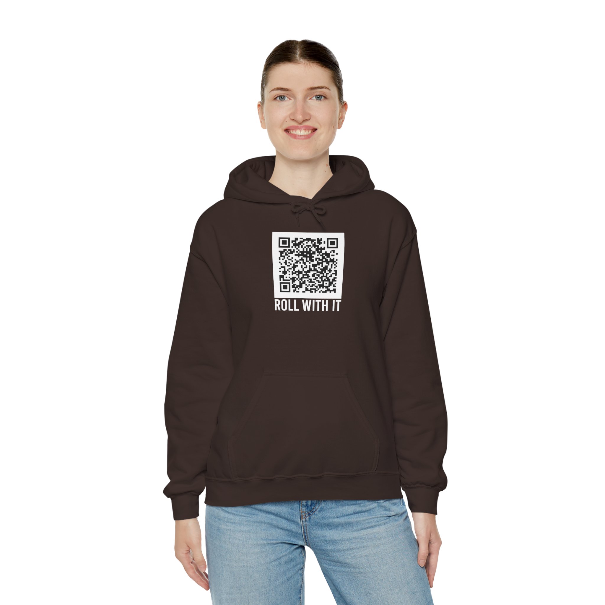 Roll With It QR Code hoodie in Dark Chocolate, worn by a model, third view