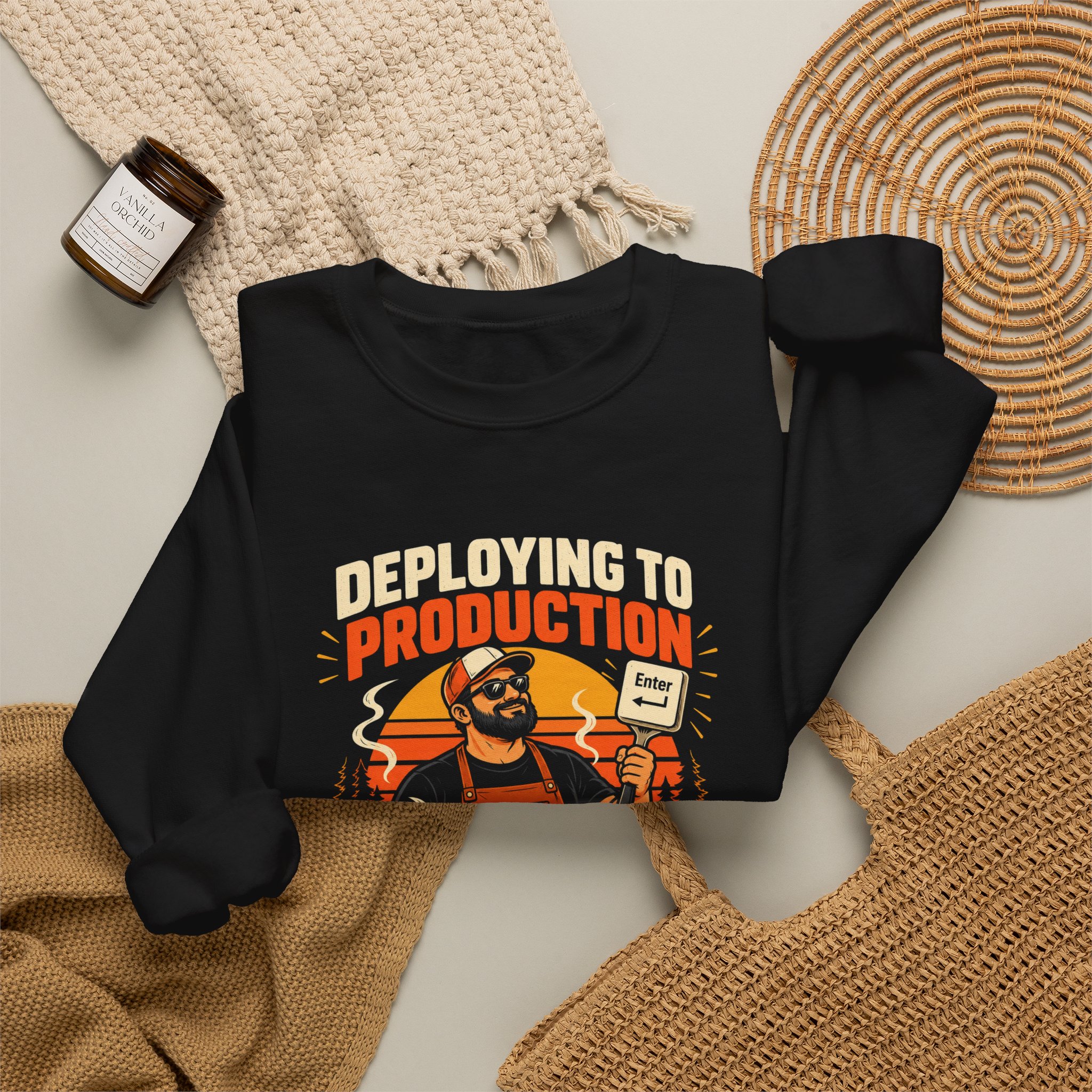 Deploying to Production crewneck sweatshirt in Black, folded 2