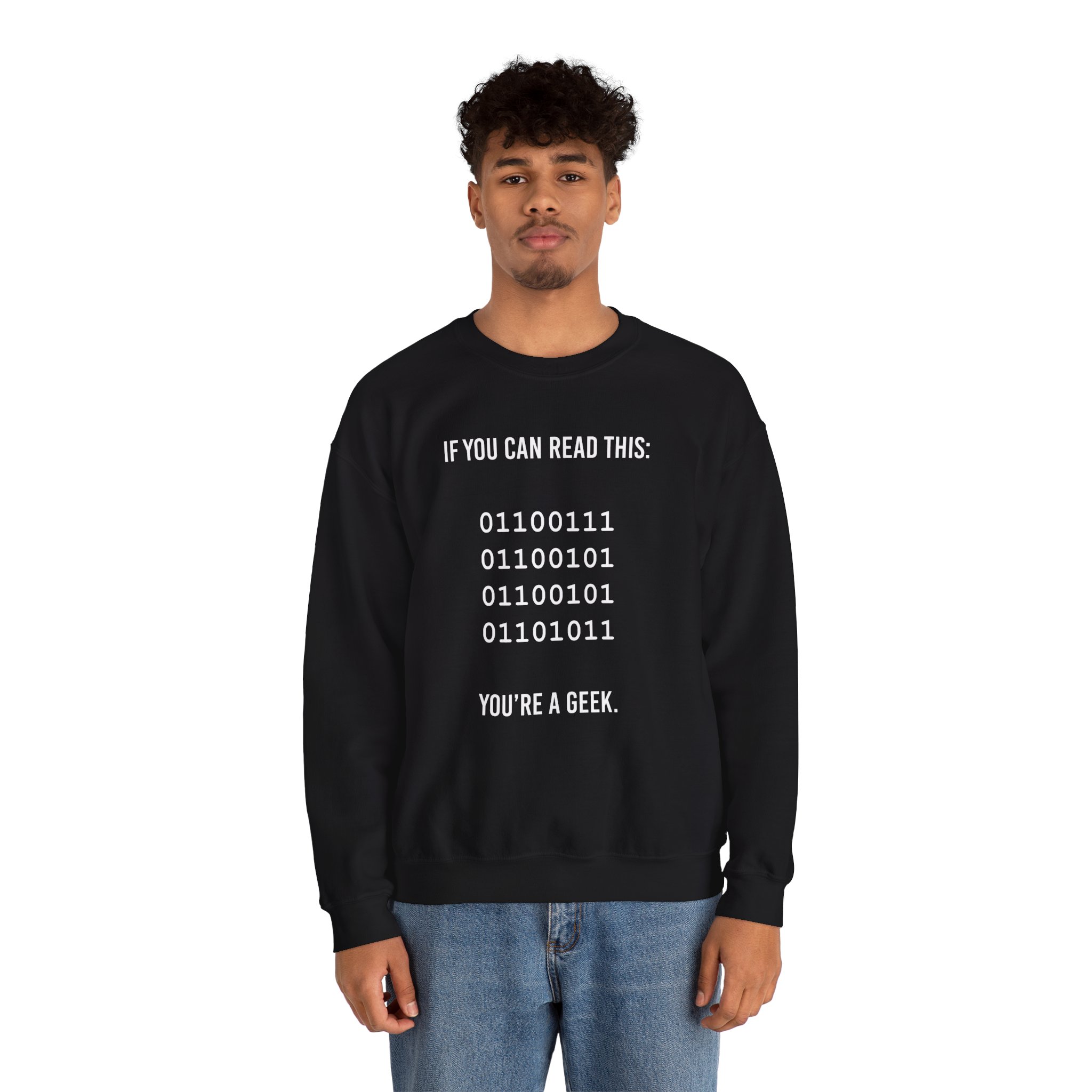 Geek Binary Code crewneck sweatshirt in Black, worn by a model, second view