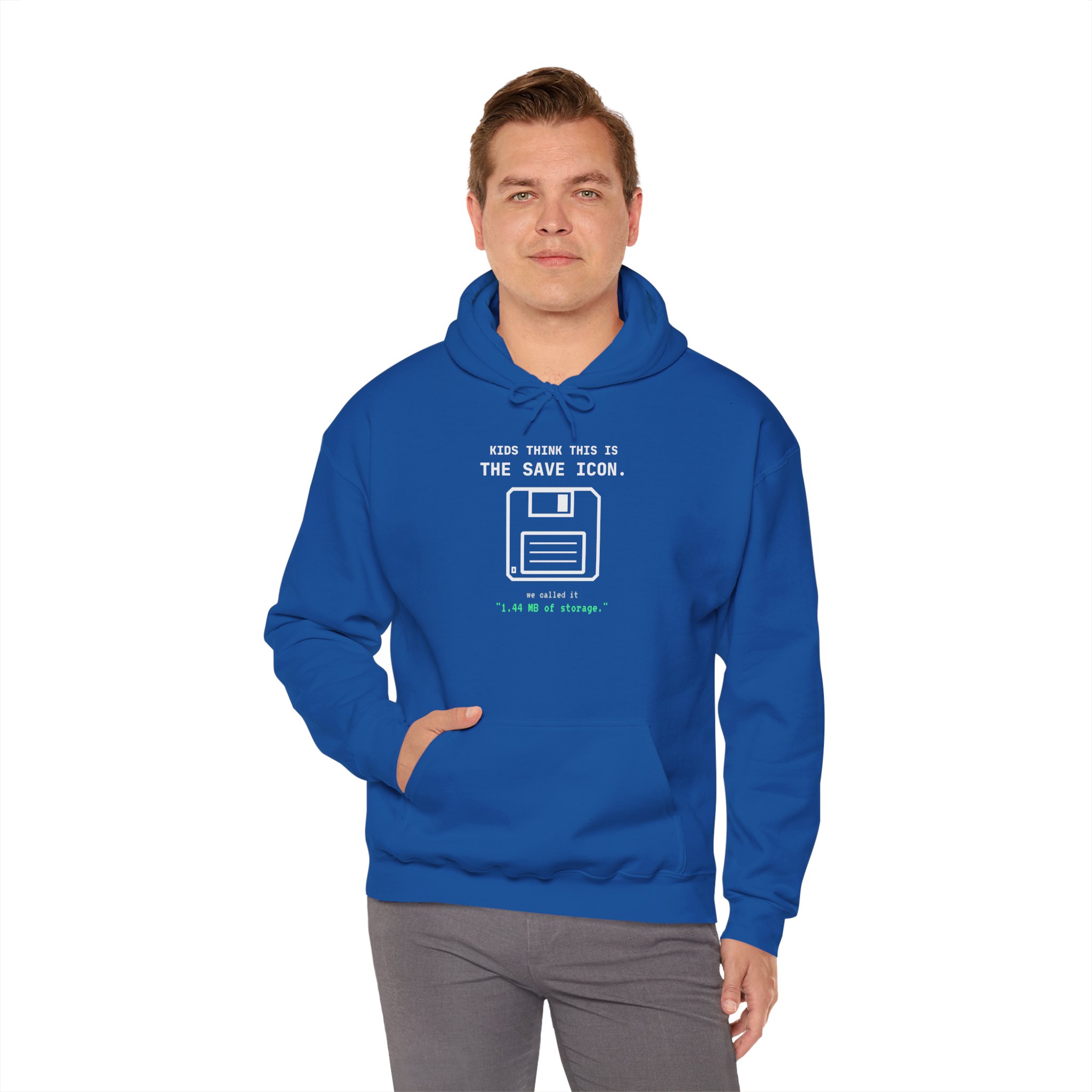 The Original Save Icon hoodie in Royal, worn by a model, fourth view