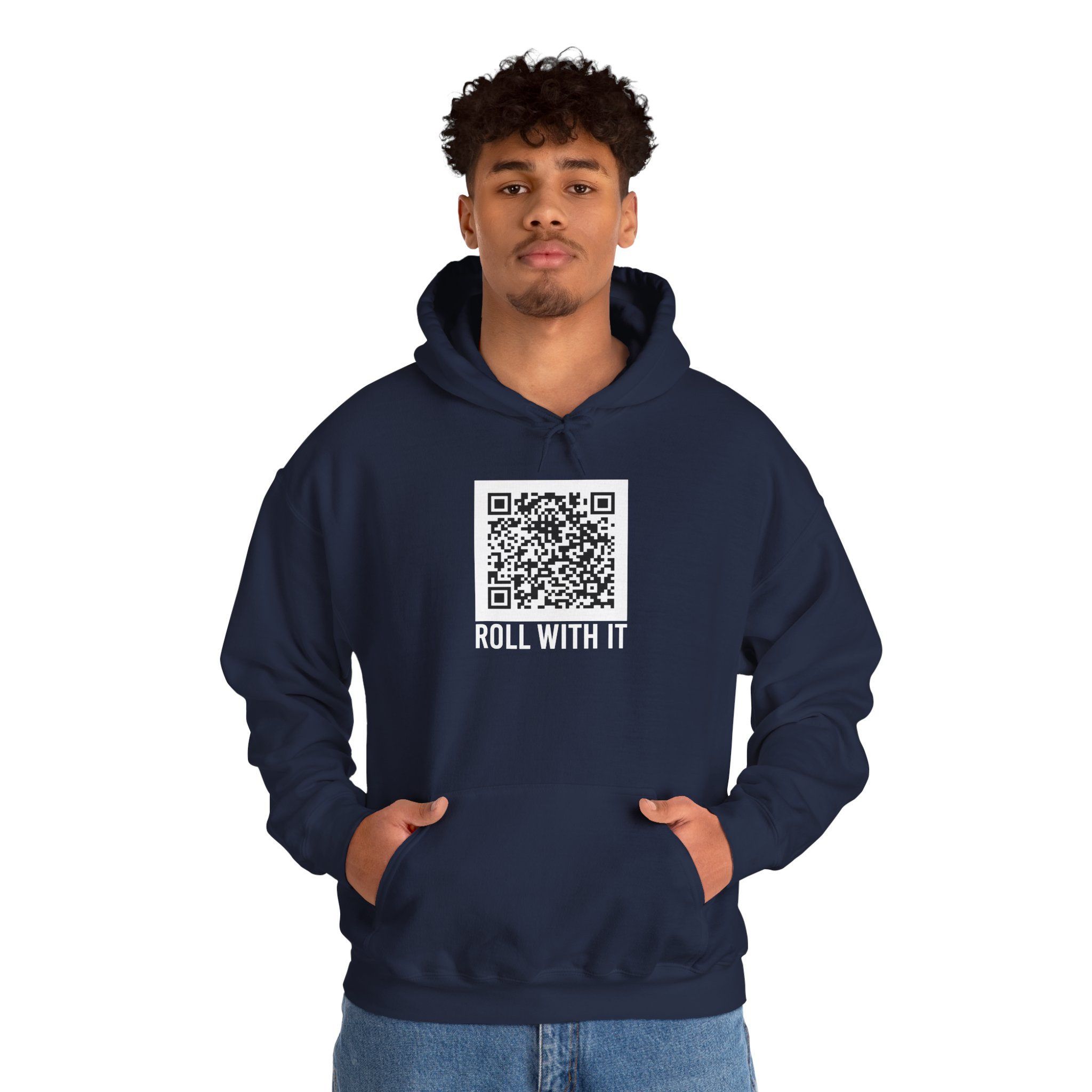Roll With It QR Code hoodie in Navy, worn by a model, second view