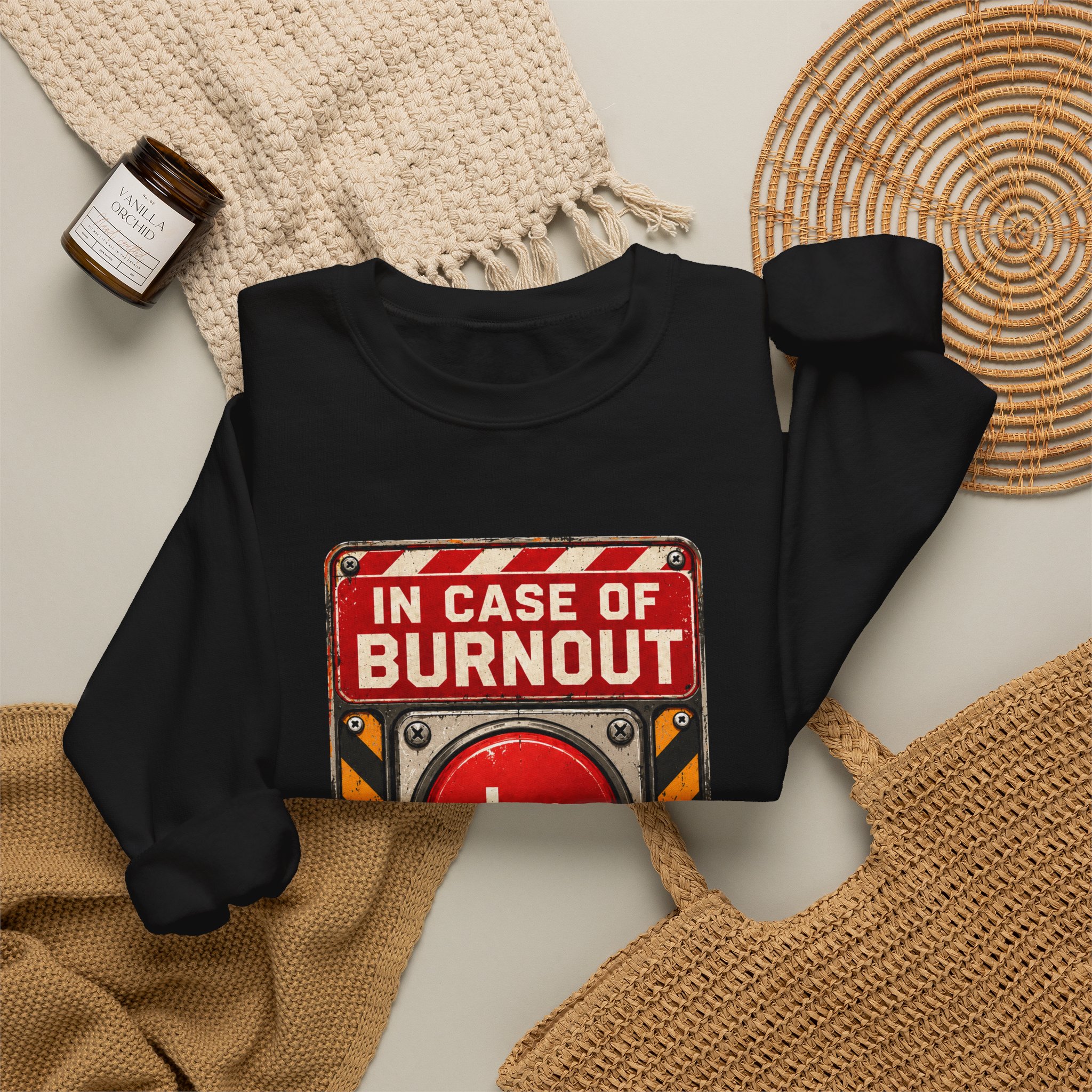 In Case of Burnout crewneck sweatshirt in Black, folded 2