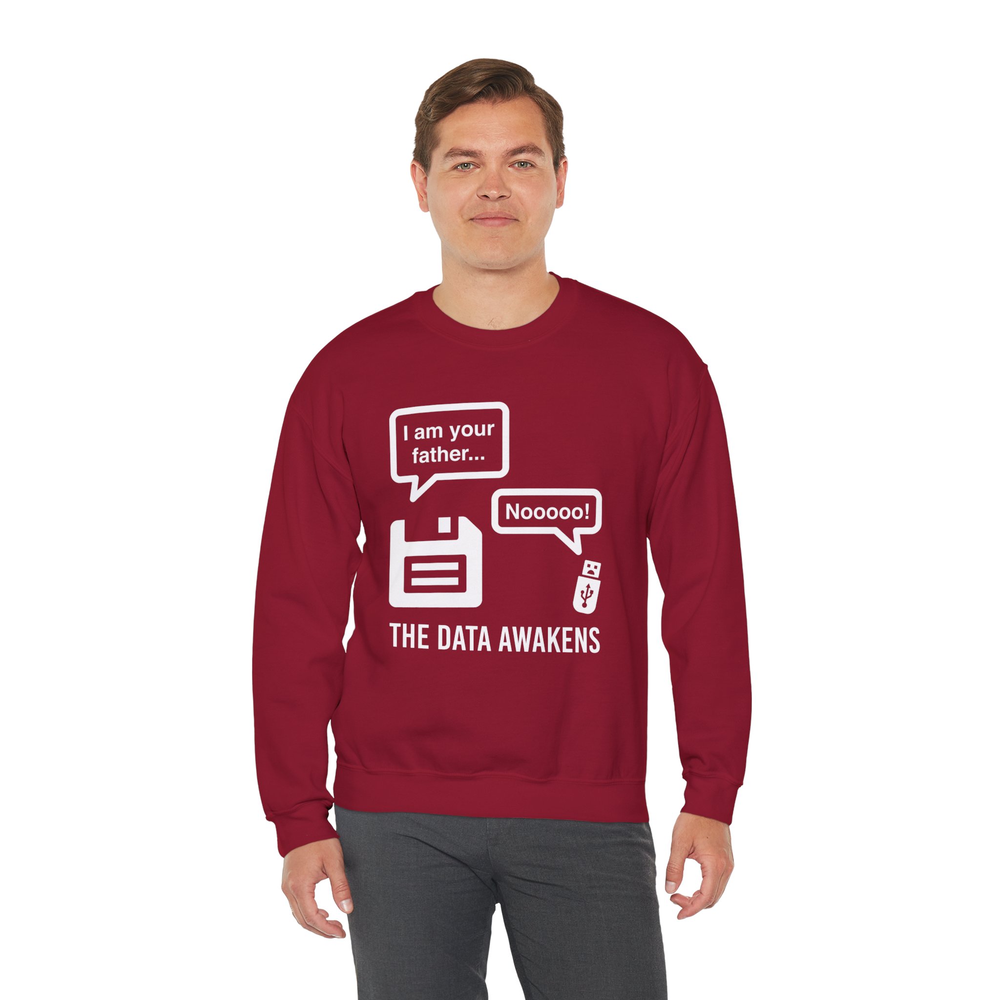 The Data Awakens crewneck sweatshirt in Cardinal Red, worn by a model, third view