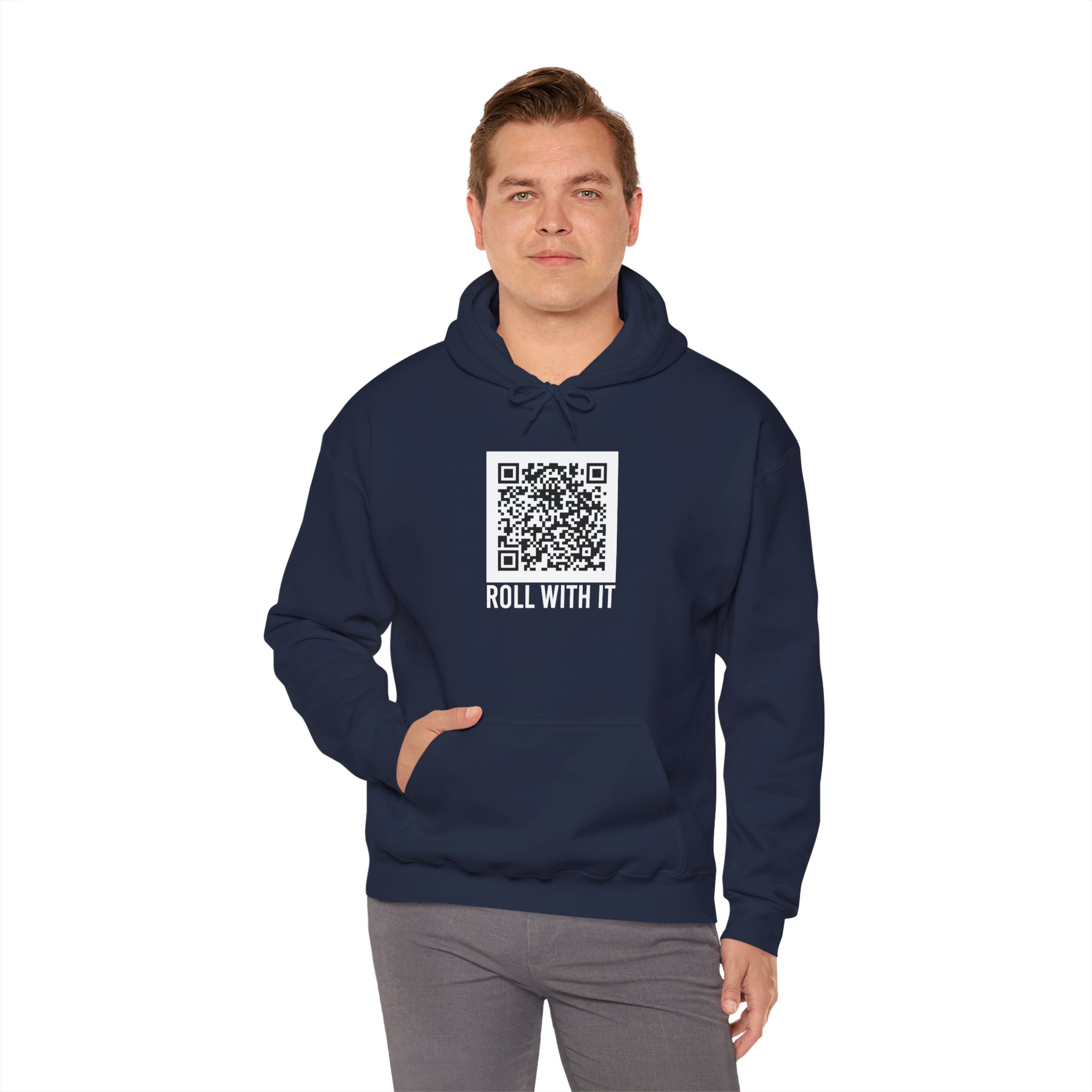 Roll With It QR Code hoodie in Navy, worn by a model, fourth view