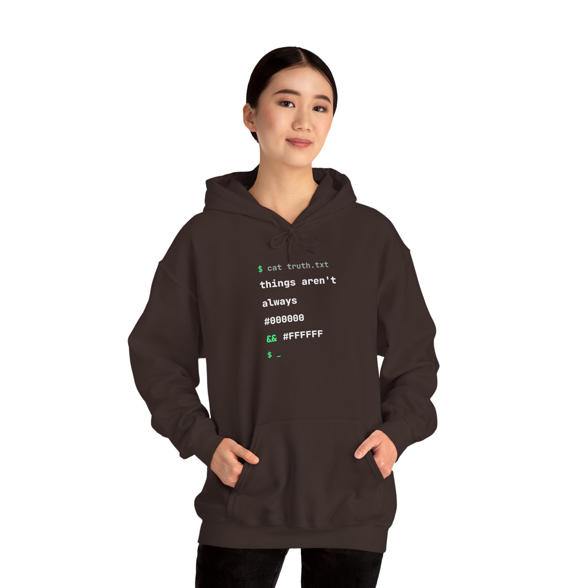 cat truth.txt hoodie in Dark Chocolate, worn by a model