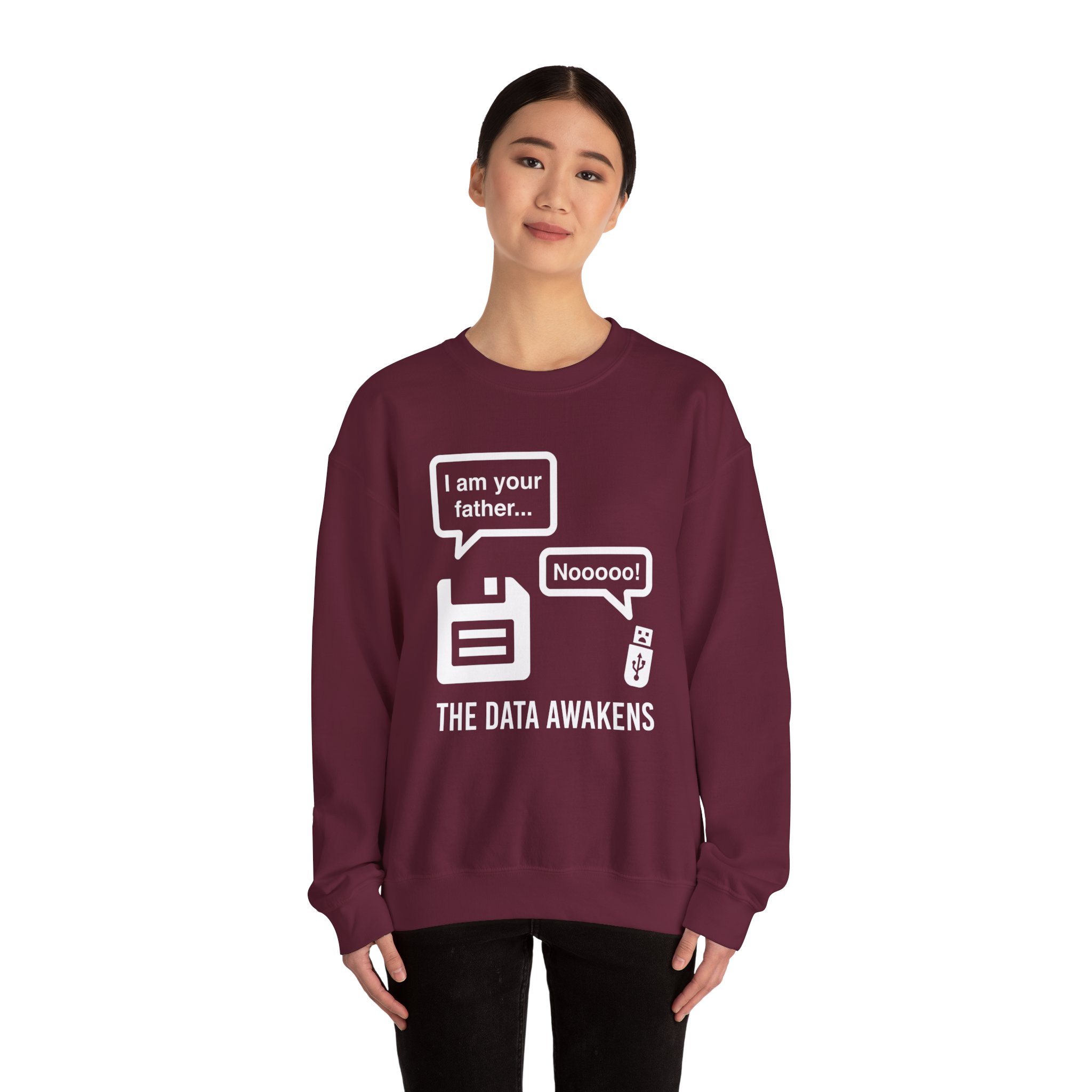 The Data Awakens crewneck sweatshirt in Maroon, worn by a model