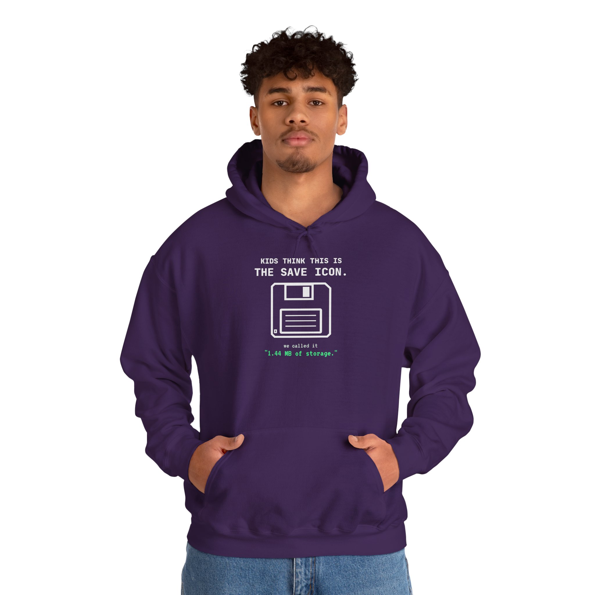 The Original Save Icon hoodie in Purple, worn by a model, second view